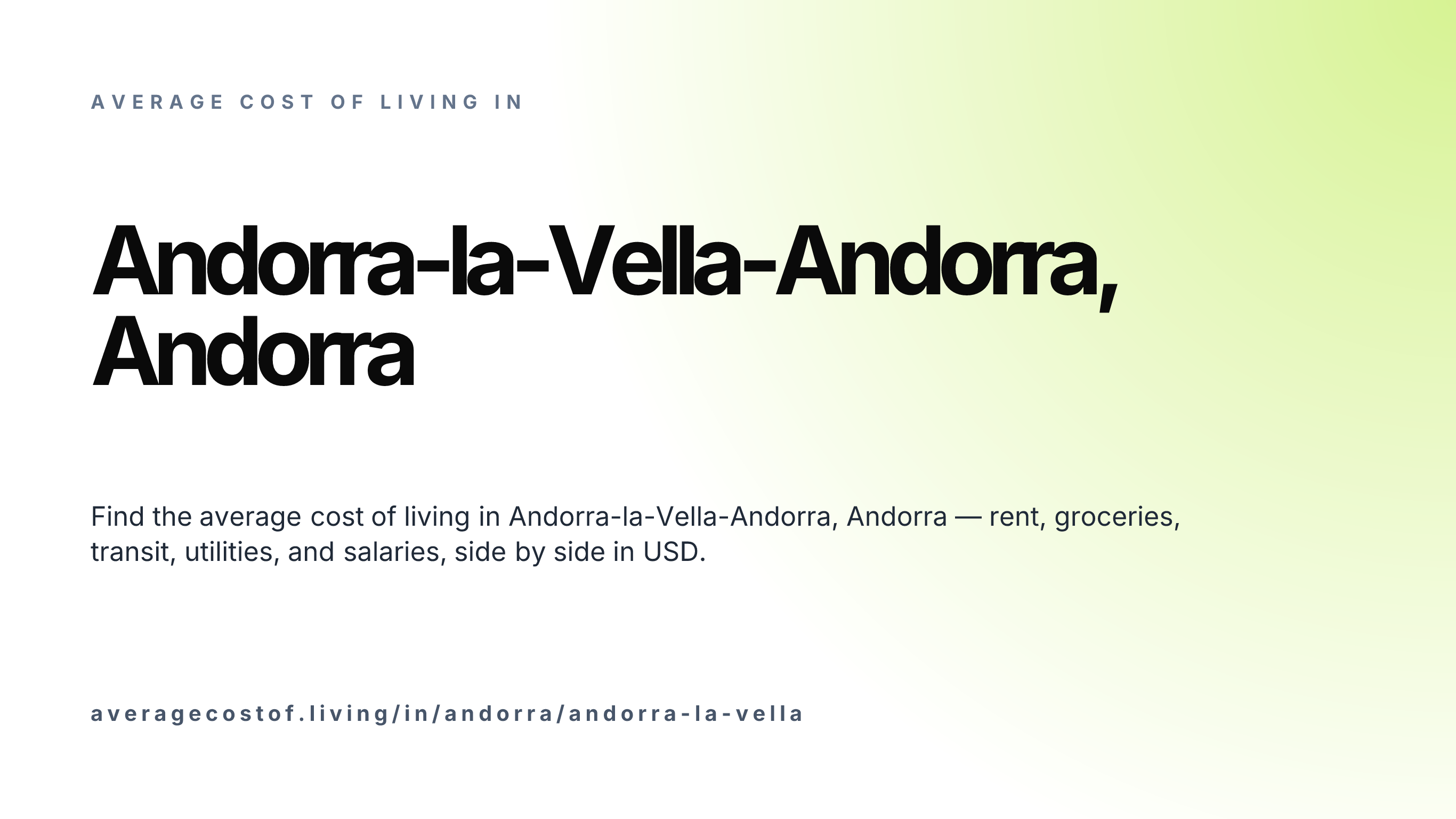 Cost of living in Andorra-la-Vella-Andorra, Andorra — monthly rent, food, transport, utilities, and salary breakdown in USD.