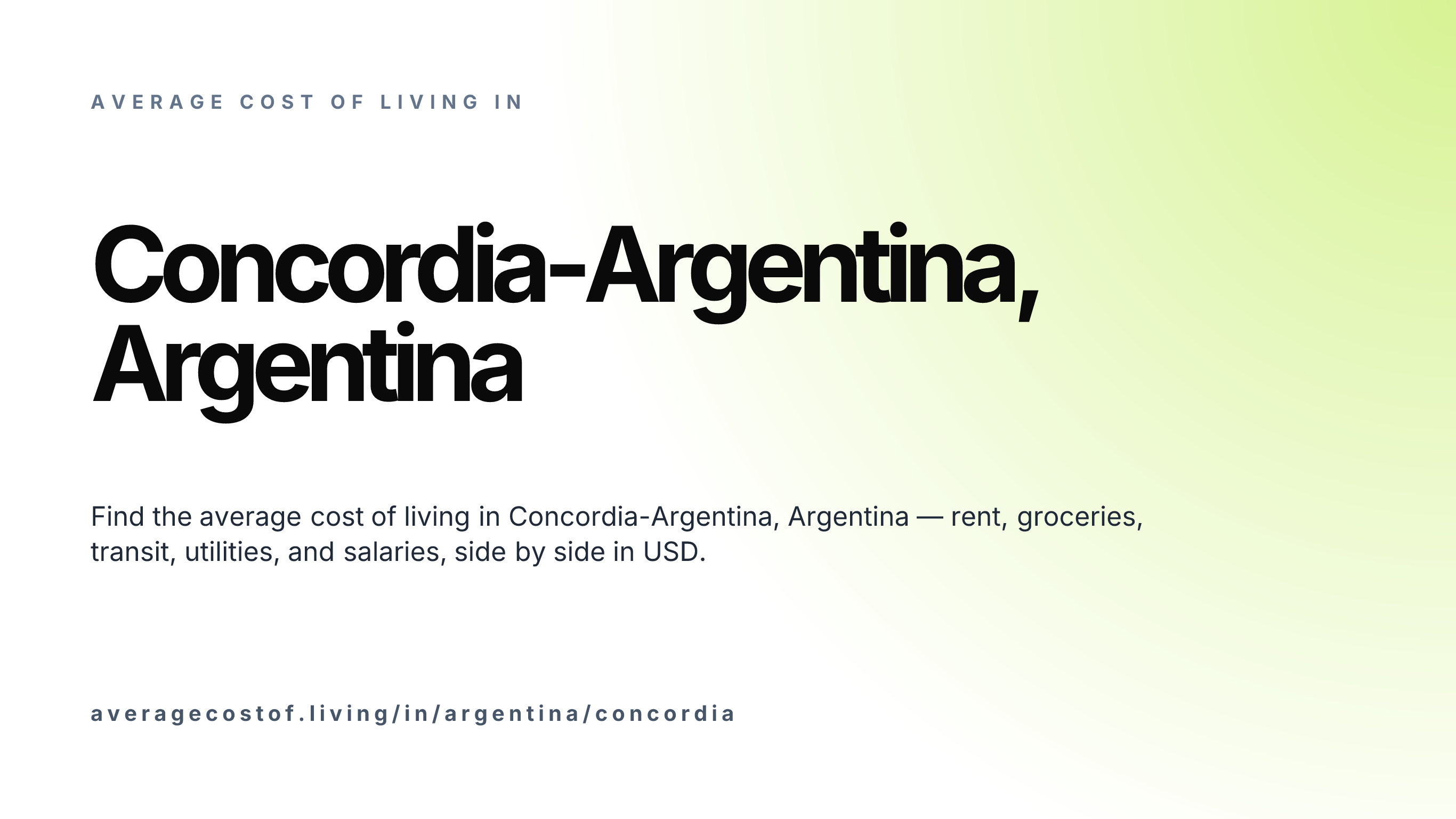 Cost of living in Concordia-Argentina, Argentina — monthly rent, food, transport, utilities, and salary breakdown in USD.