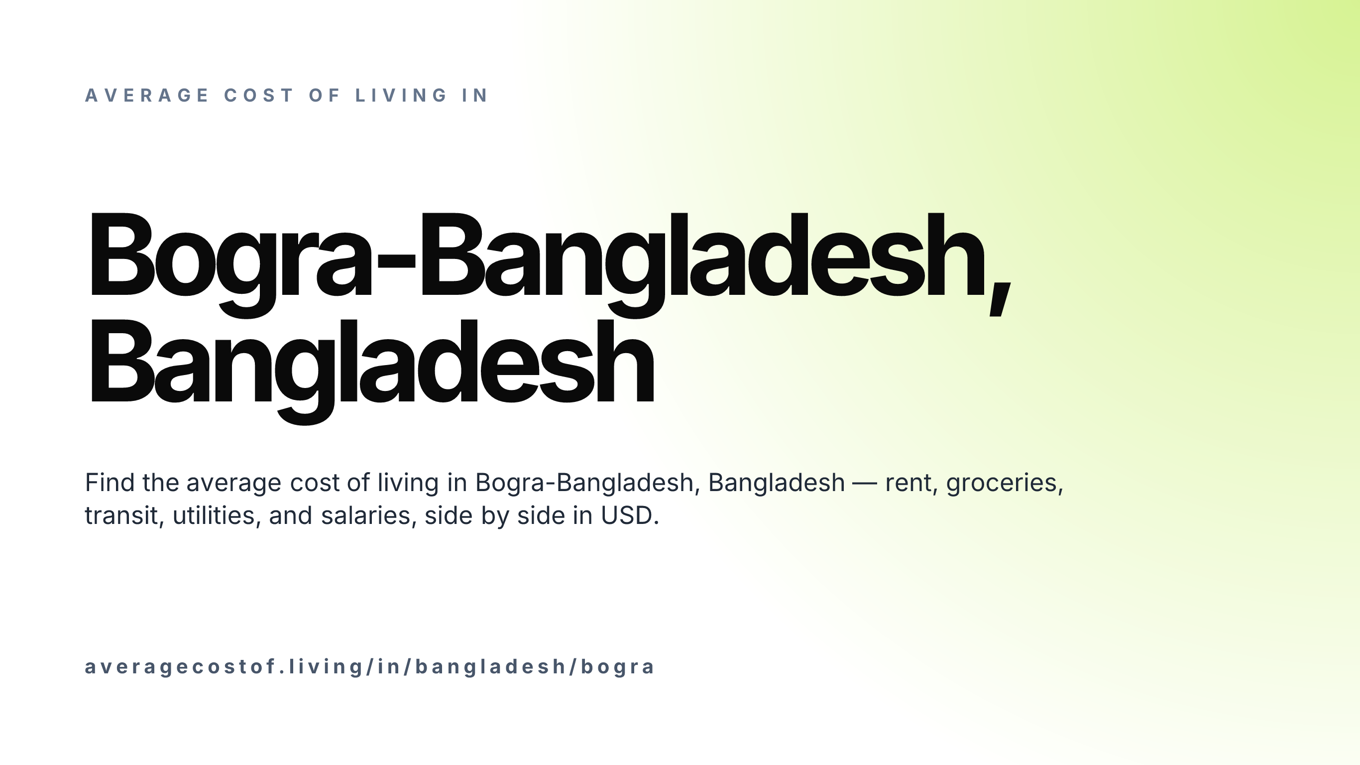 Cost of living in Bogra-Bangladesh, Bangladesh — monthly rent, food, transport, utilities, and salary breakdown in USD.