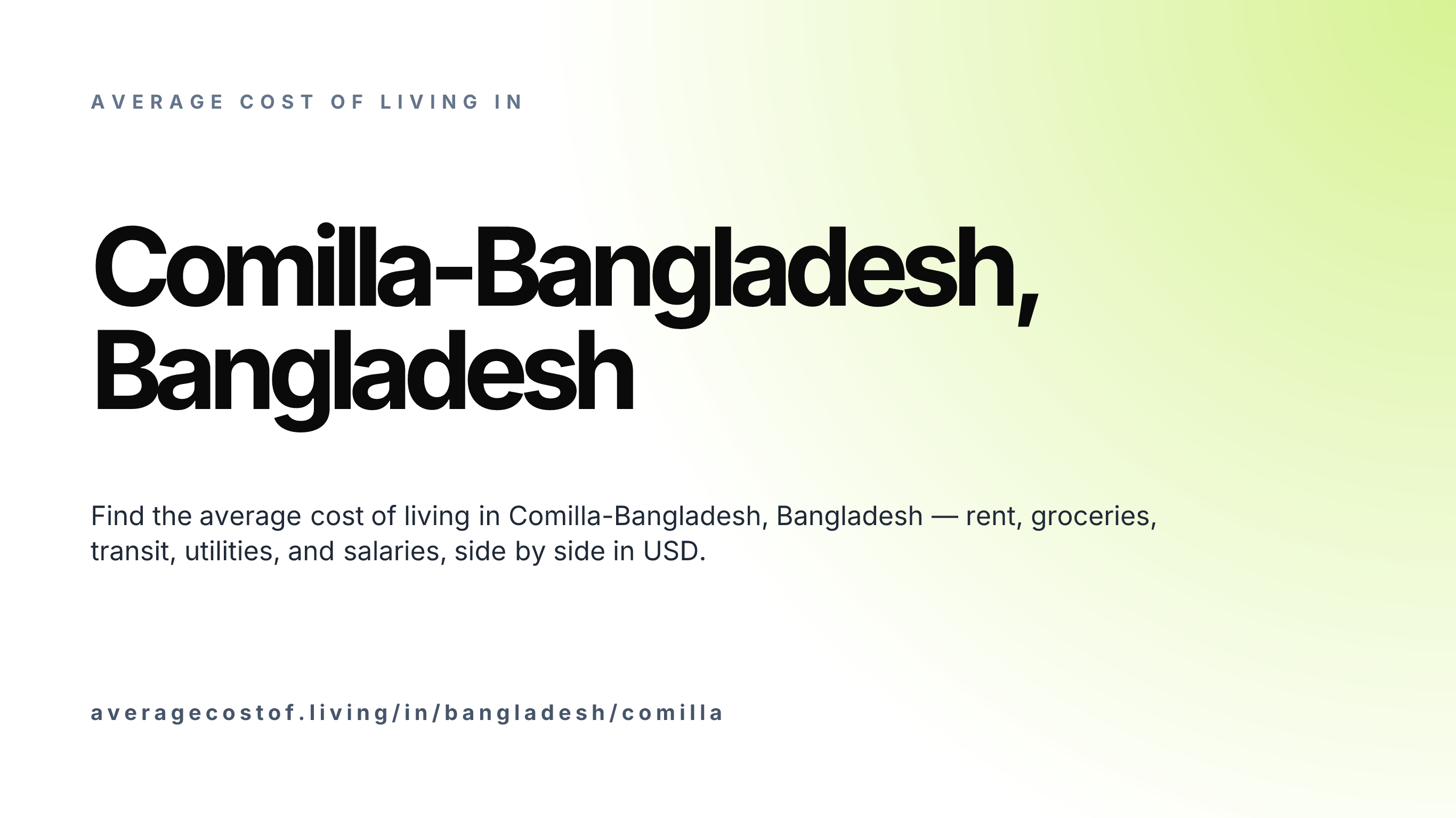 Cost of living in Comilla-Bangladesh, Bangladesh — monthly rent, food, transport, utilities, and salary breakdown in USD.
