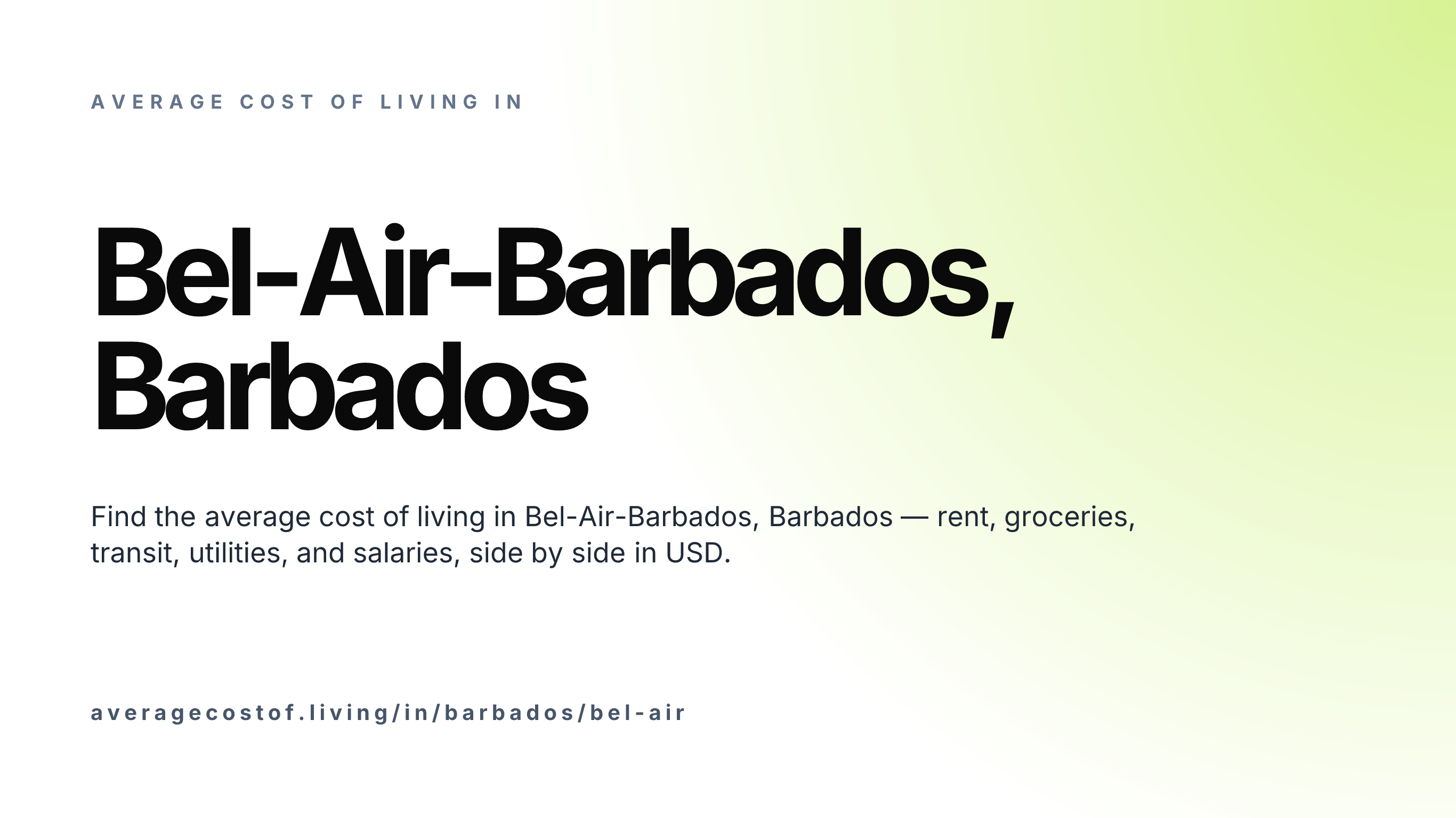 Cost of living in Bel-Air-Barbados, Barbados — monthly rent, food, transport, utilities, and salary breakdown in USD.