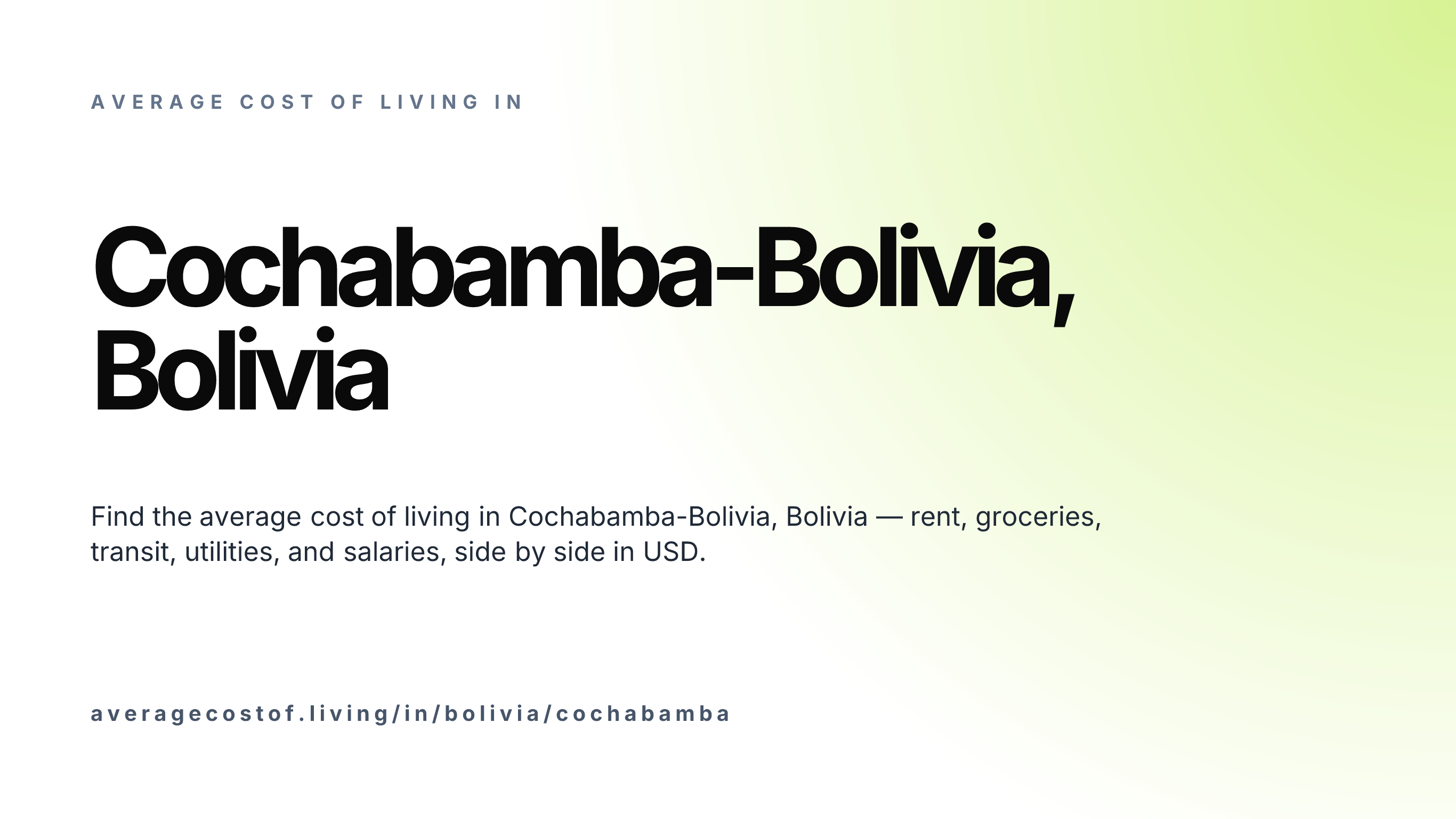 Cost of living in Cochabamba-Bolivia, Bolivia — monthly rent, food, transport, utilities, and salary breakdown in USD.