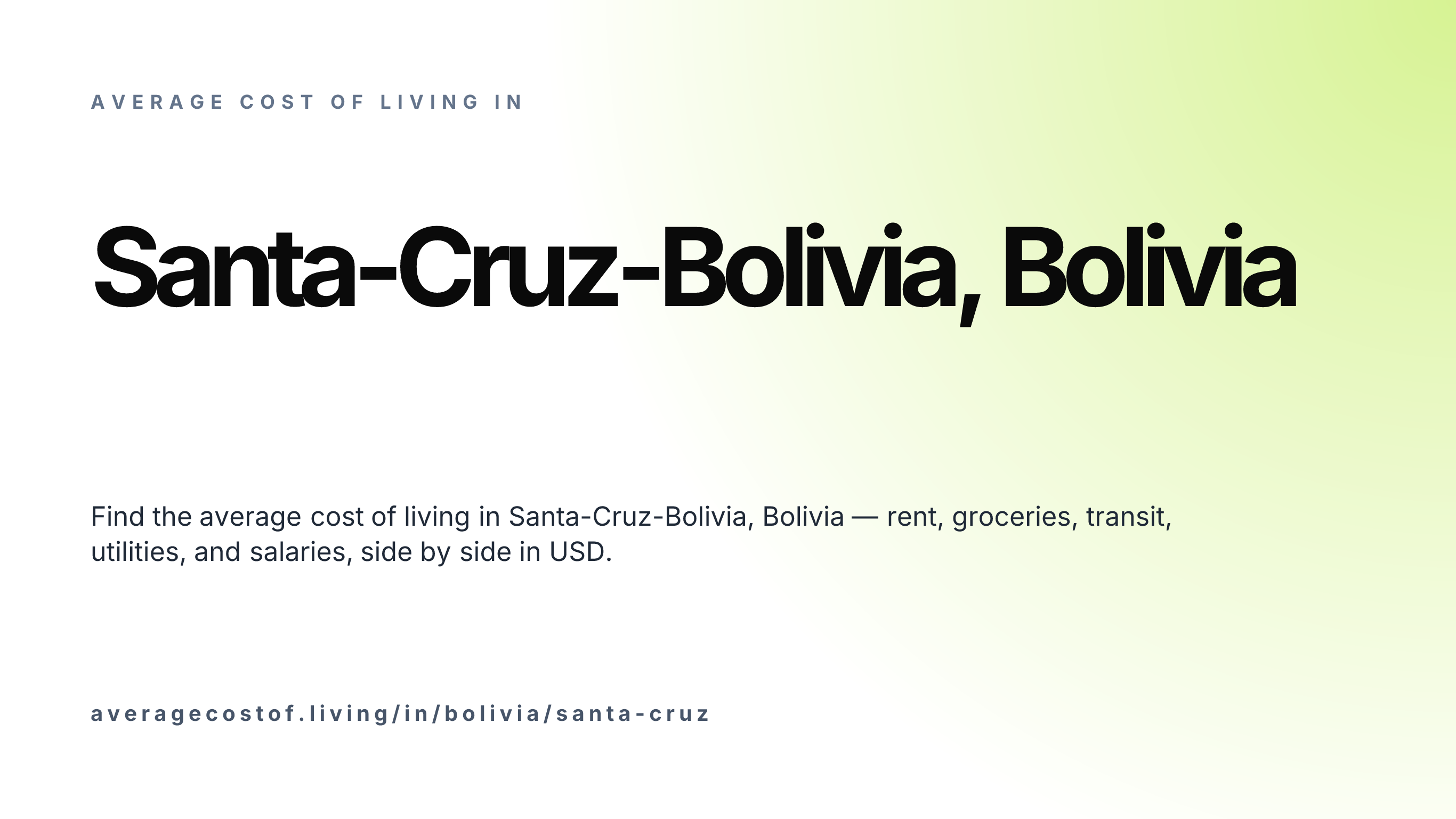 Cost of living in Santa-Cruz-Bolivia, Bolivia — monthly rent, food, transport, utilities, and salary breakdown in USD.