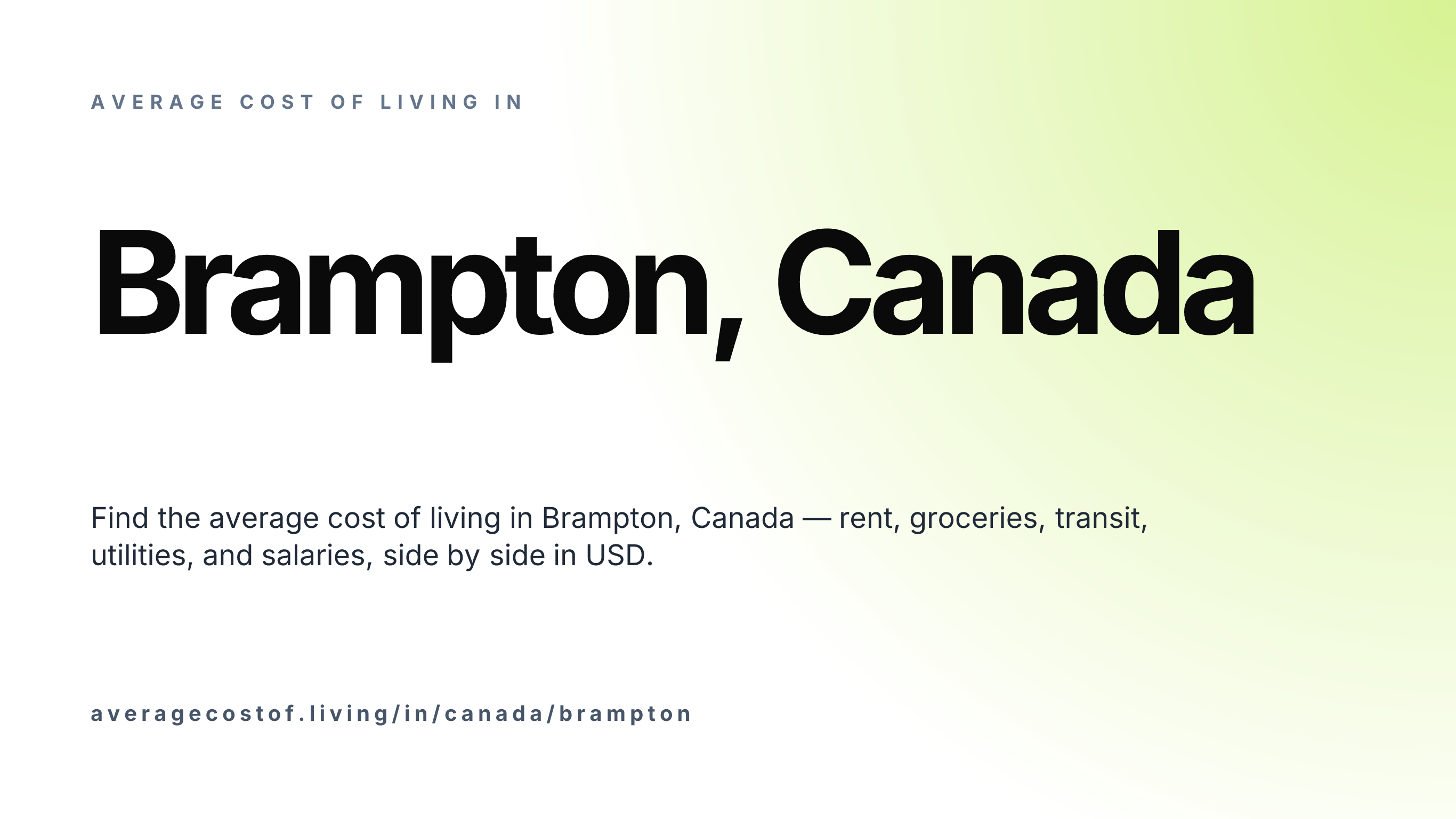 Cost of living in Brampton, Canada — monthly rent, food, transport, utilities, and salary breakdown in USD.