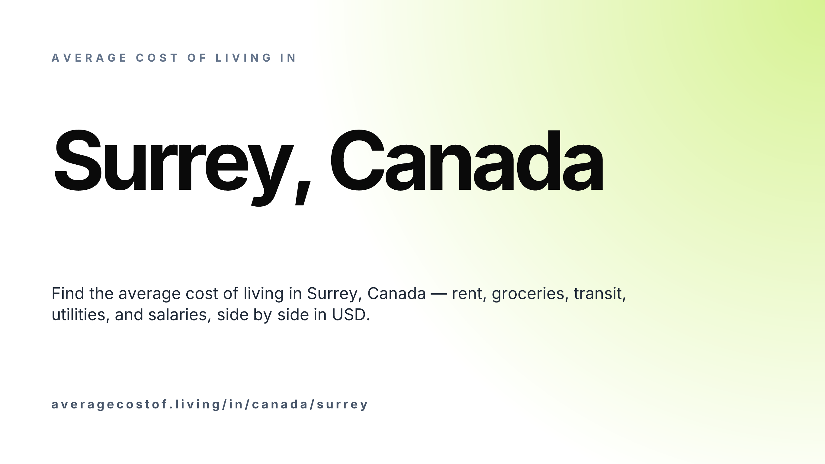 Cost of living in Surrey, Canada — monthly rent, food, transport, utilities, and salary breakdown in USD.