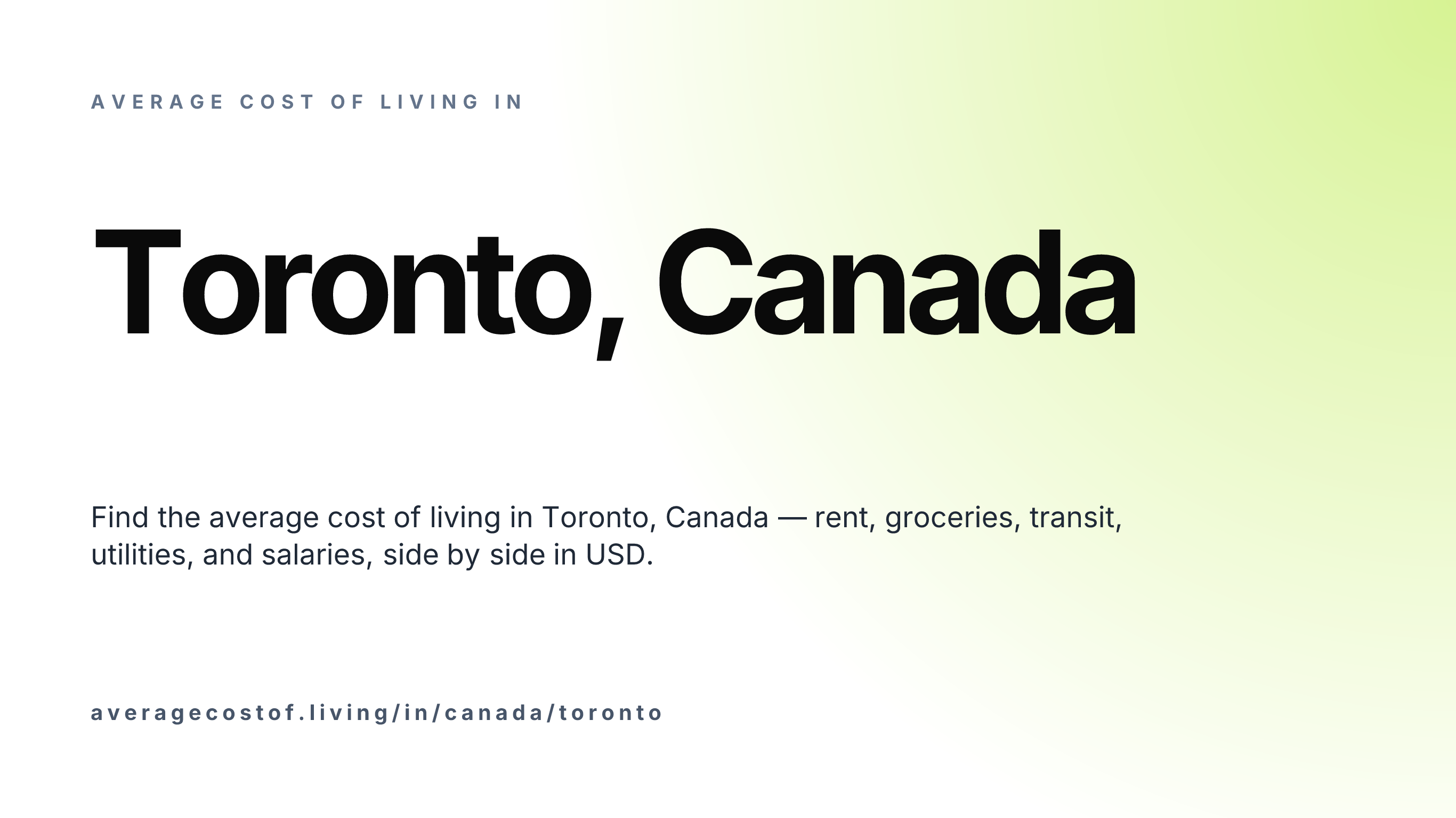 Cost of living in Toronto, Canada — monthly rent, food, transport, utilities, and salary breakdown in USD.