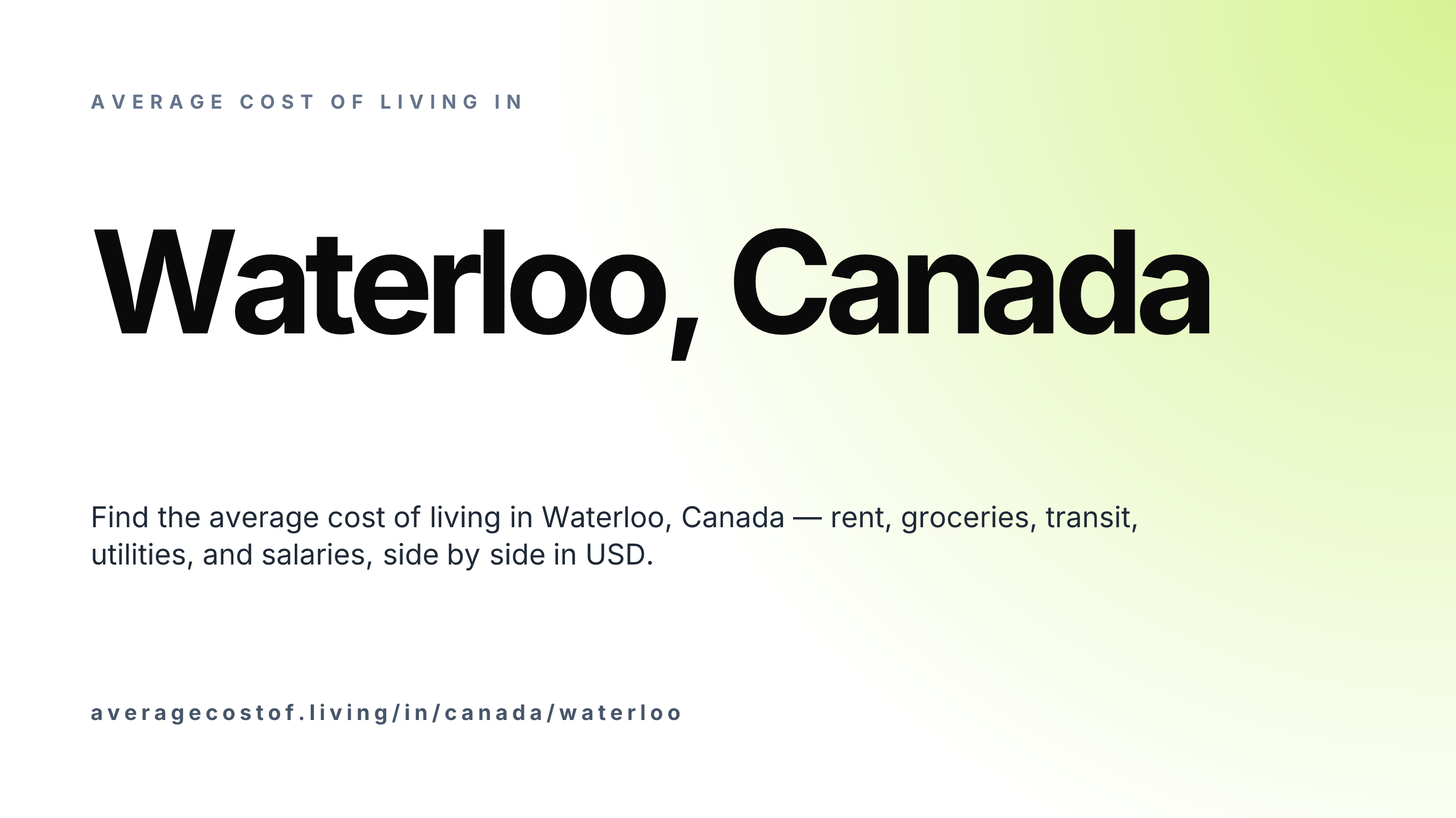 Cost of living in Waterloo, Canada — monthly rent, food, transport, utilities, and salary breakdown in USD.
