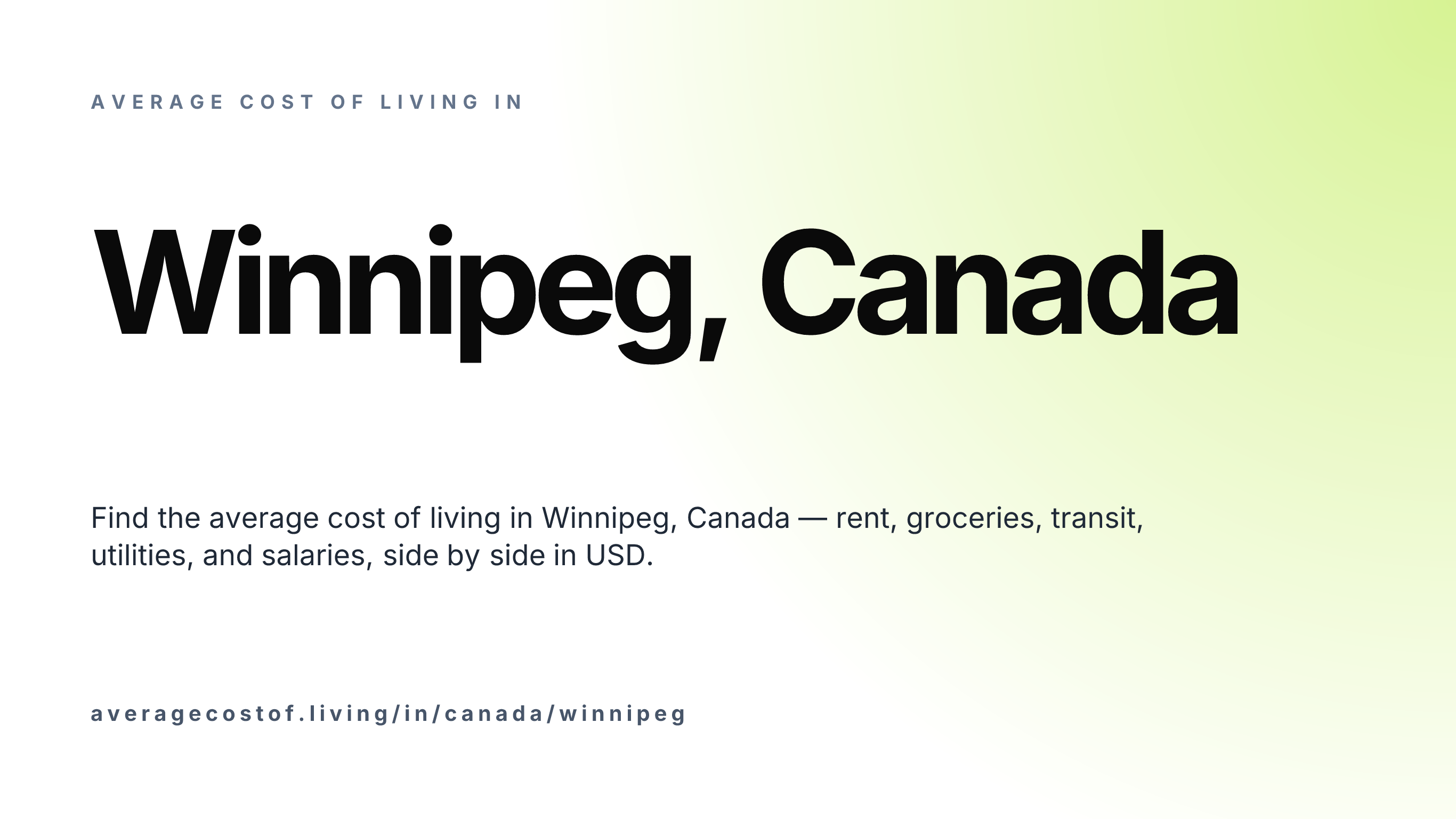 Cost of living in Winnipeg, Canada — monthly rent, food, transport, utilities, and salary breakdown in USD.