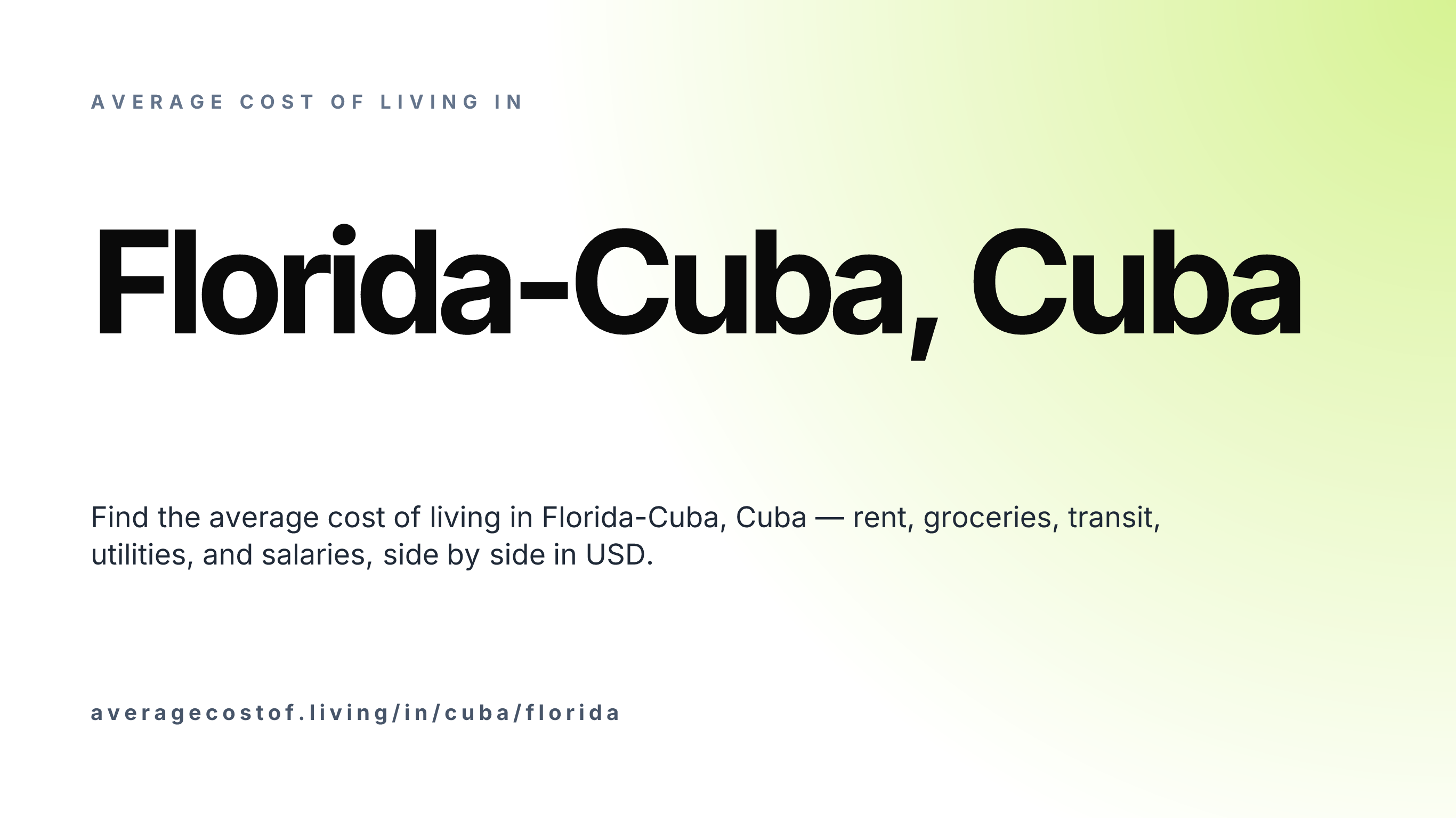 Cost of living in Florida-Cuba, Cuba — monthly rent, food, transport, utilities, and salary breakdown in USD.