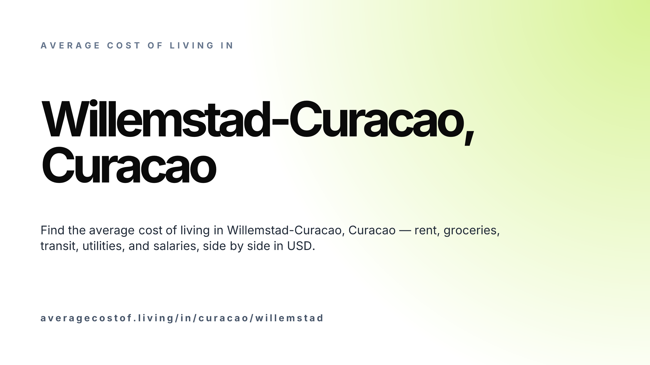 Cost of living in Willemstad-Curacao, Curacao — monthly rent, food, transport, utilities, and salary breakdown in USD.