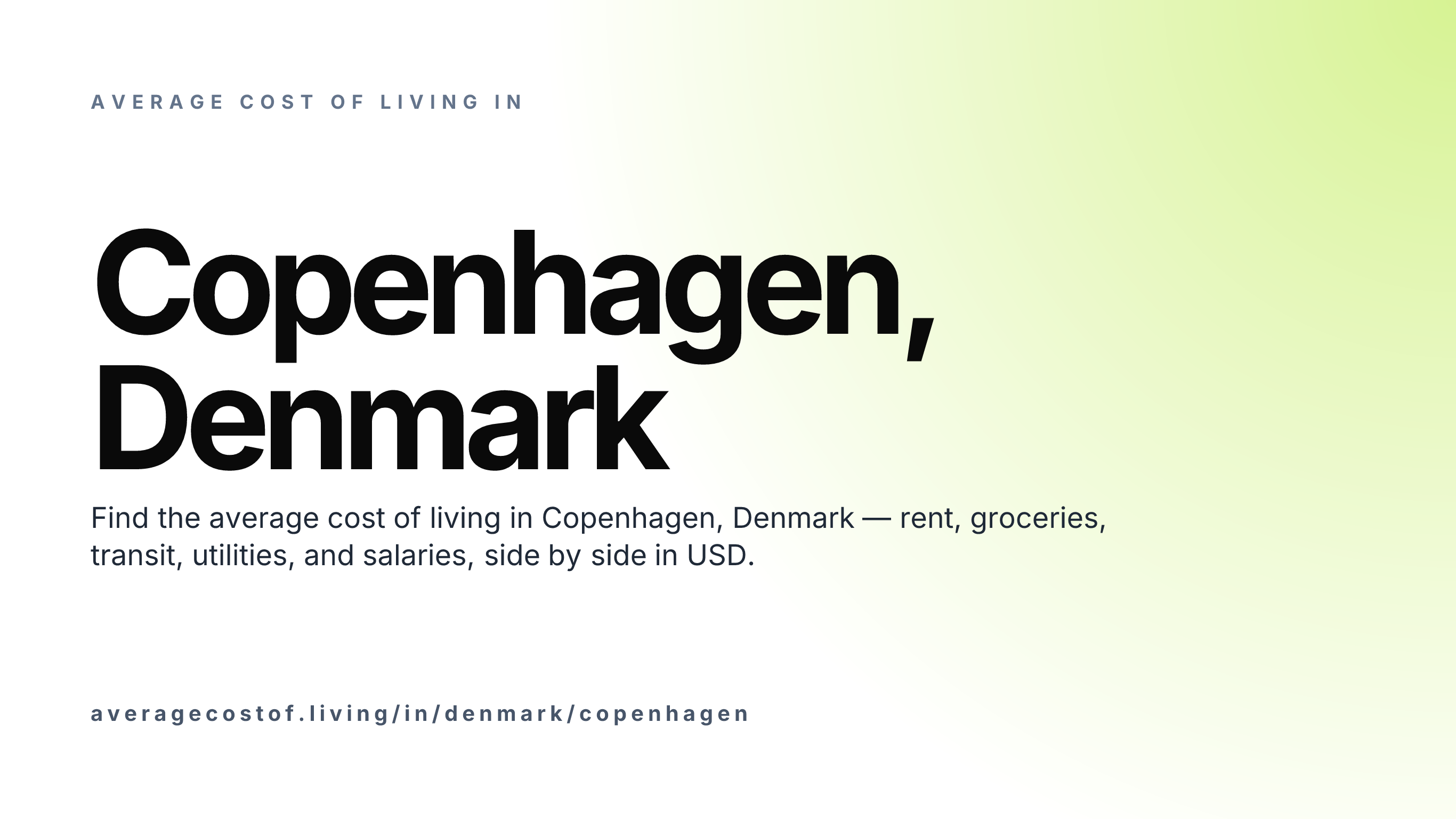 Cost of living in Copenhagen, Denmark — monthly rent, food, transport, utilities, and salary breakdown in USD.