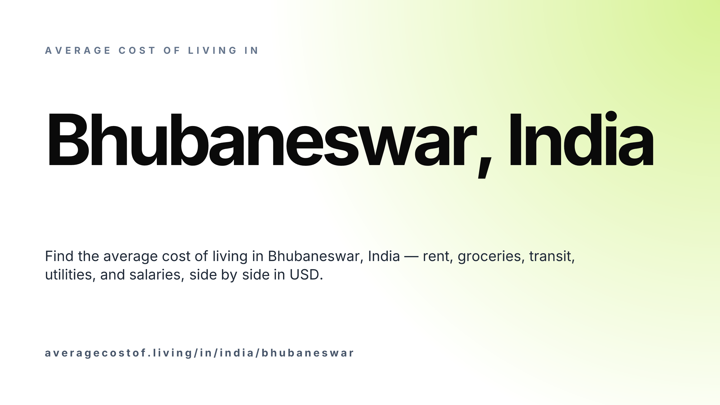 Cost of living in Bhubaneswar, India — monthly rent, food, transport, utilities, and salary breakdown in USD.