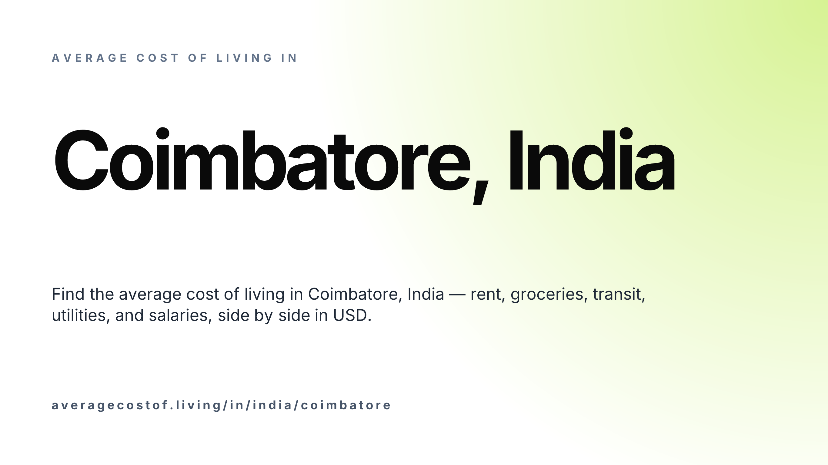 Cost of living in Coimbatore, India — monthly rent, food, transport, utilities, and salary breakdown in USD.