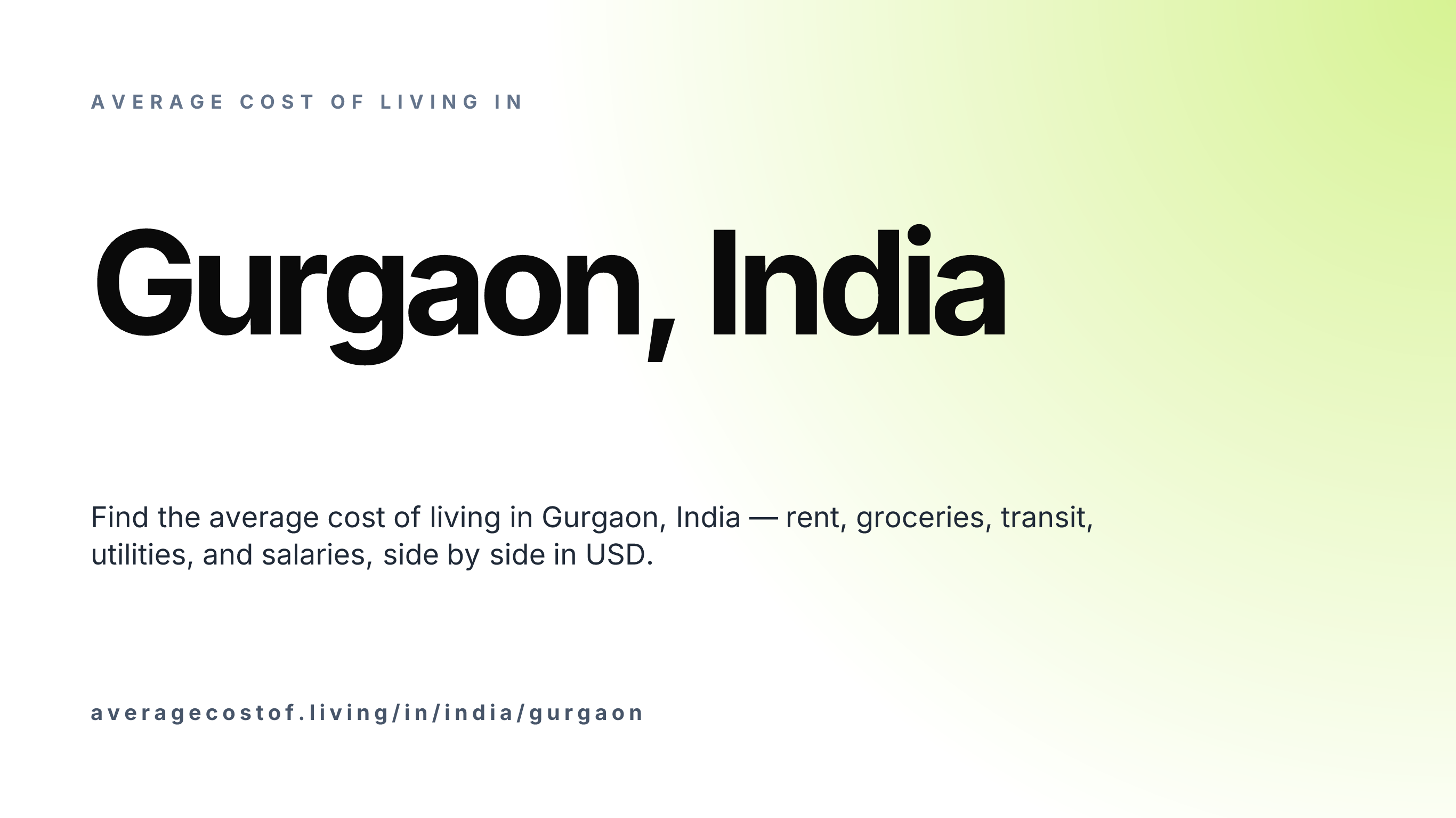 Cost of living in Gurgaon, India — monthly rent, food, transport, utilities, and salary breakdown in USD.
