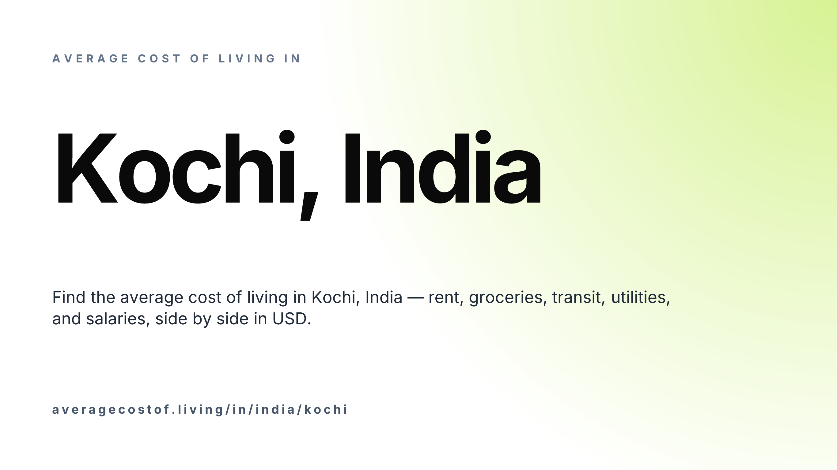 Cost of living in Kochi, India — monthly rent, food, transport, utilities, and salary breakdown in USD.