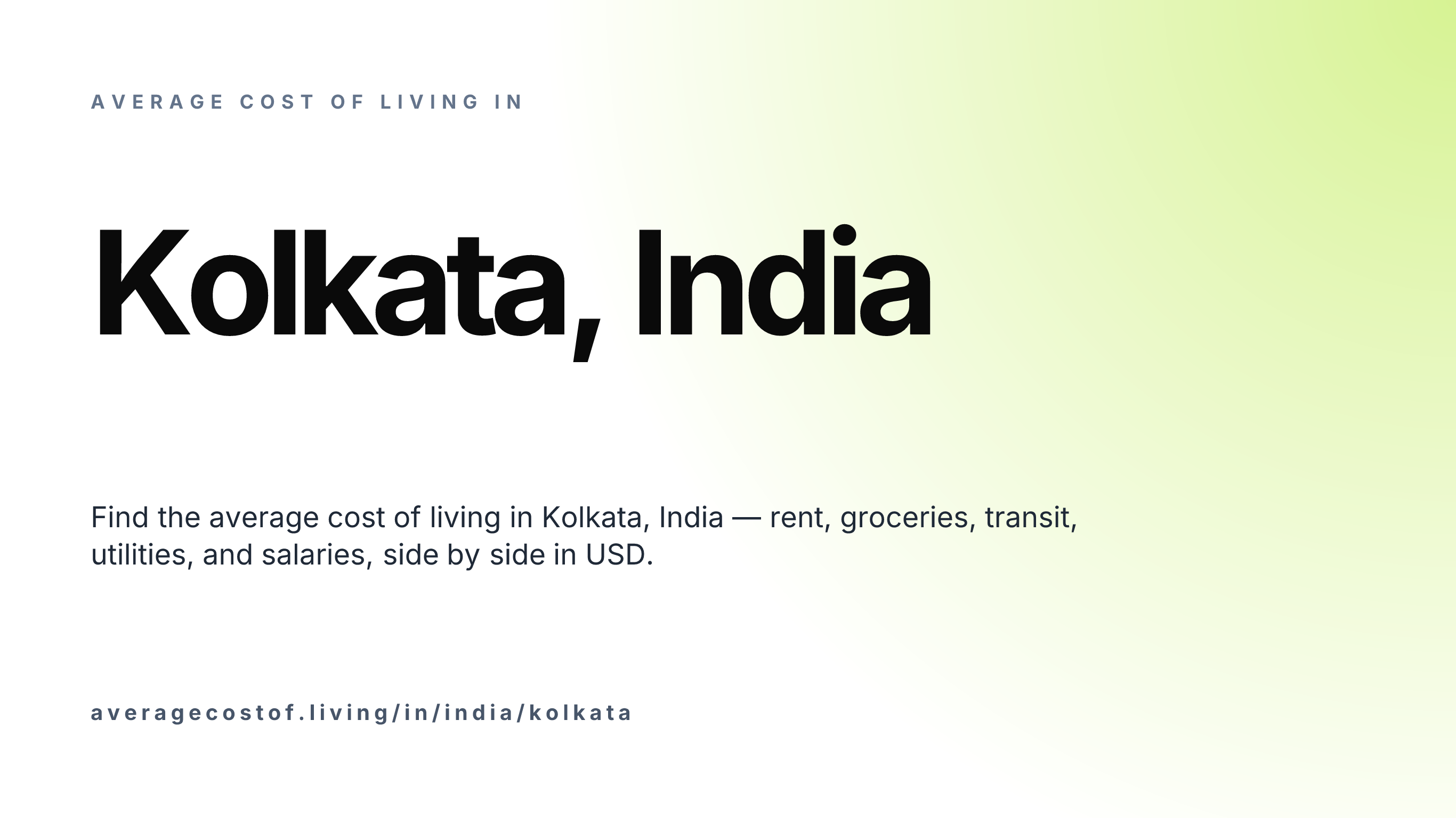 Cost of living in Kolkata, India — monthly rent, food, transport, utilities, and salary breakdown in USD.
