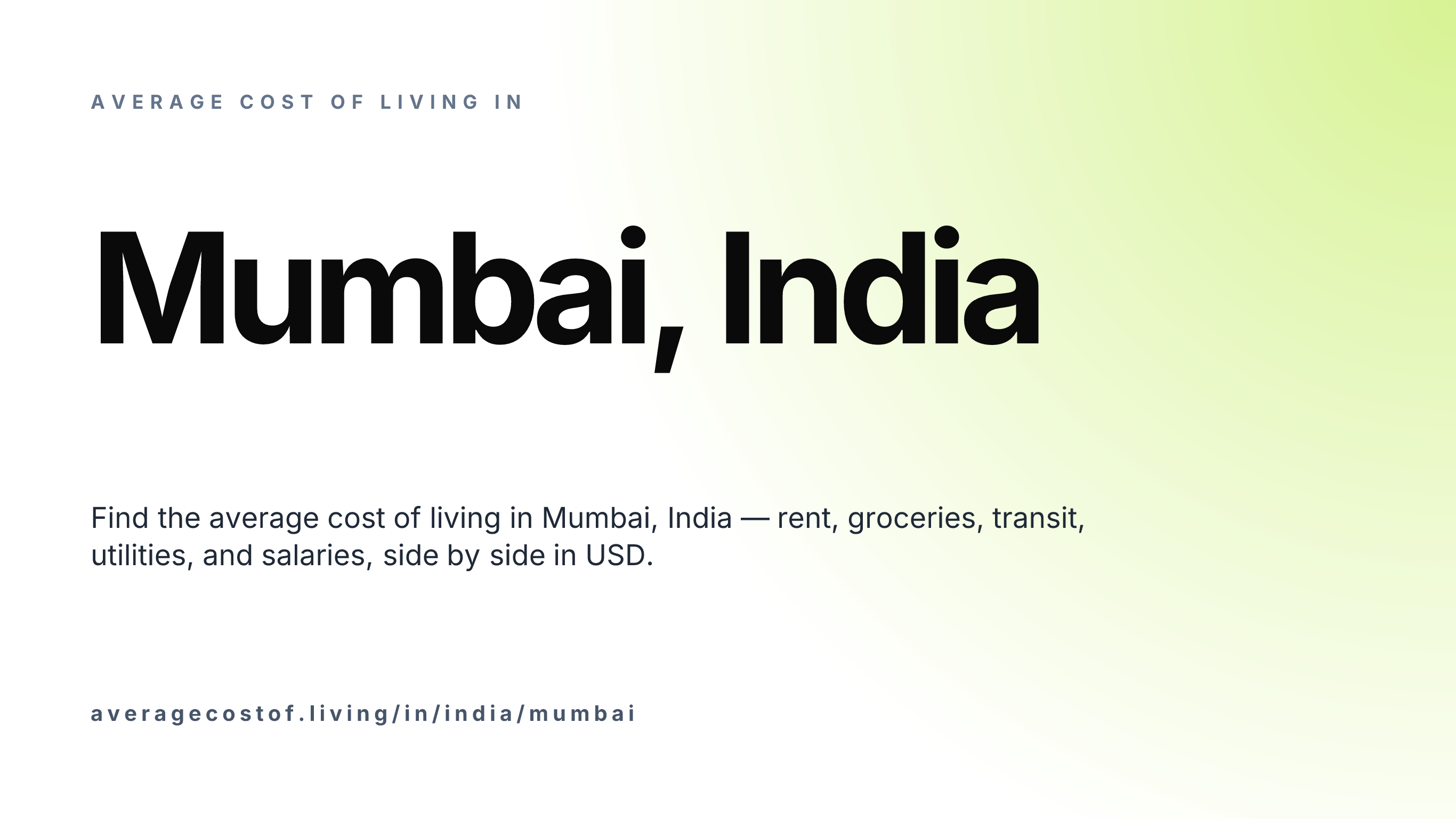 Cost of living in Mumbai, India — monthly rent, food, transport, utilities, and salary breakdown in USD.