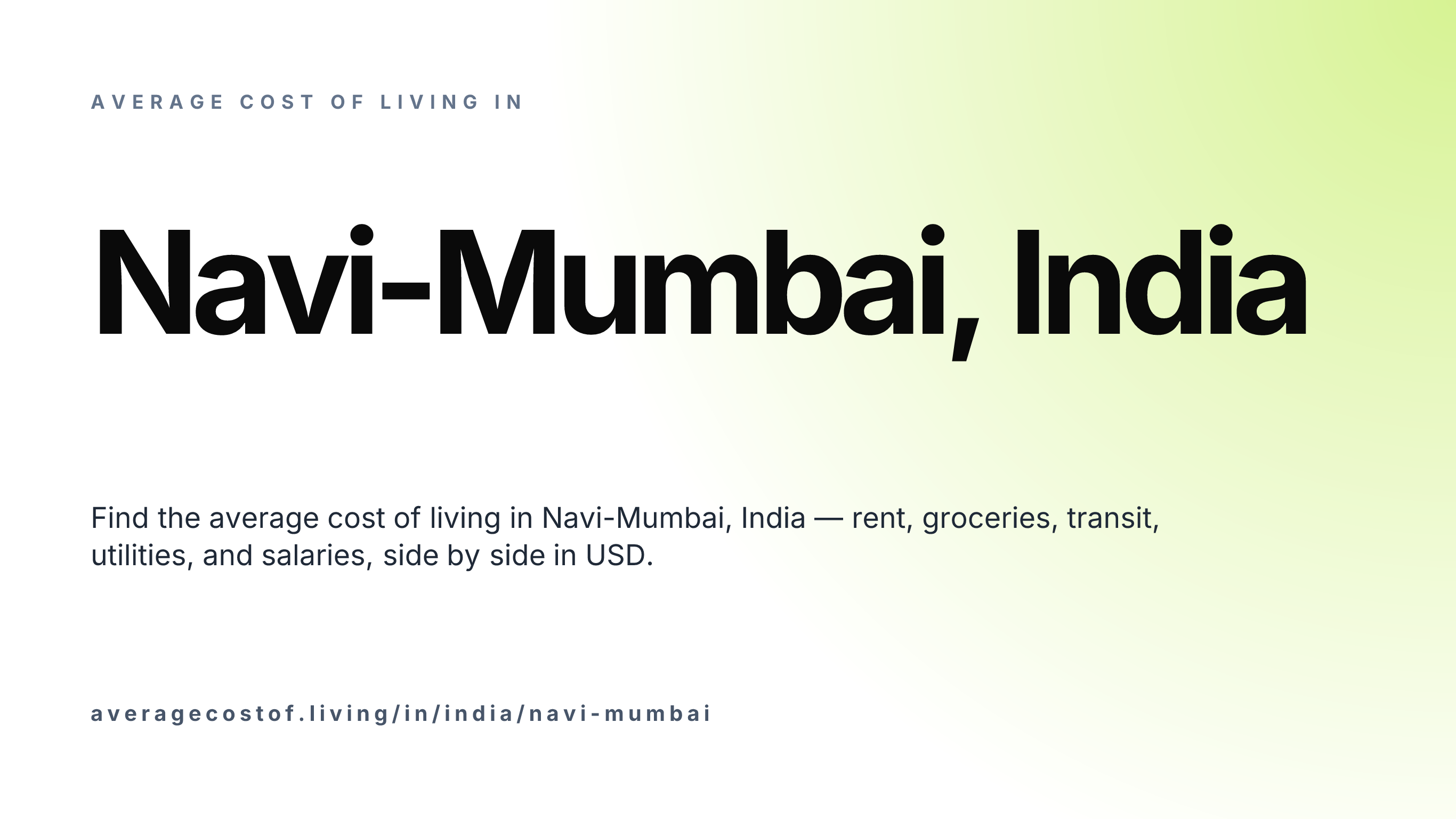 Cost of living in Navi-Mumbai, India — monthly rent, food, transport, utilities, and salary breakdown in USD.