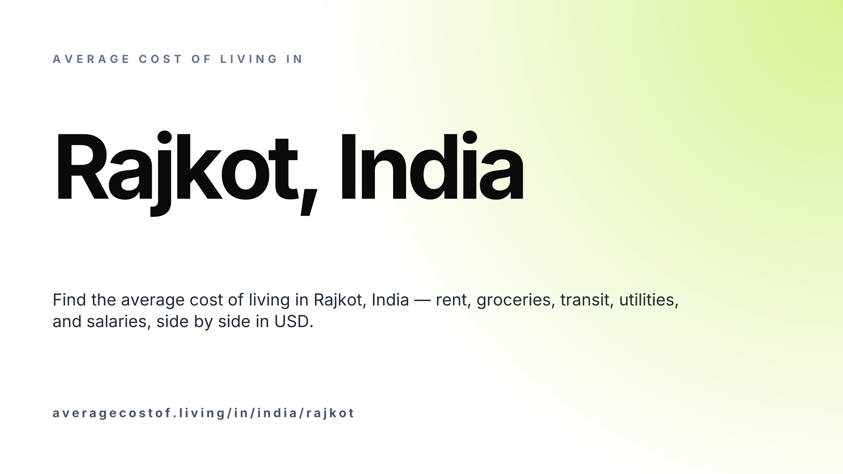 Cost of living in Rajkot, India — monthly rent, food, transport, utilities, and salary breakdown in USD.