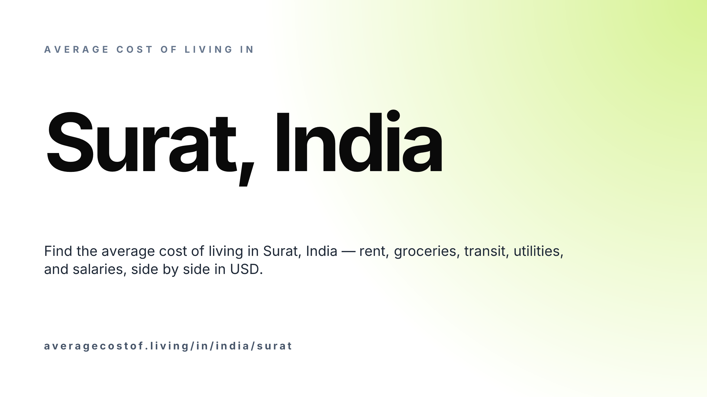 Cost of living in Surat, India — monthly rent, food, transport, utilities, and salary breakdown in USD.