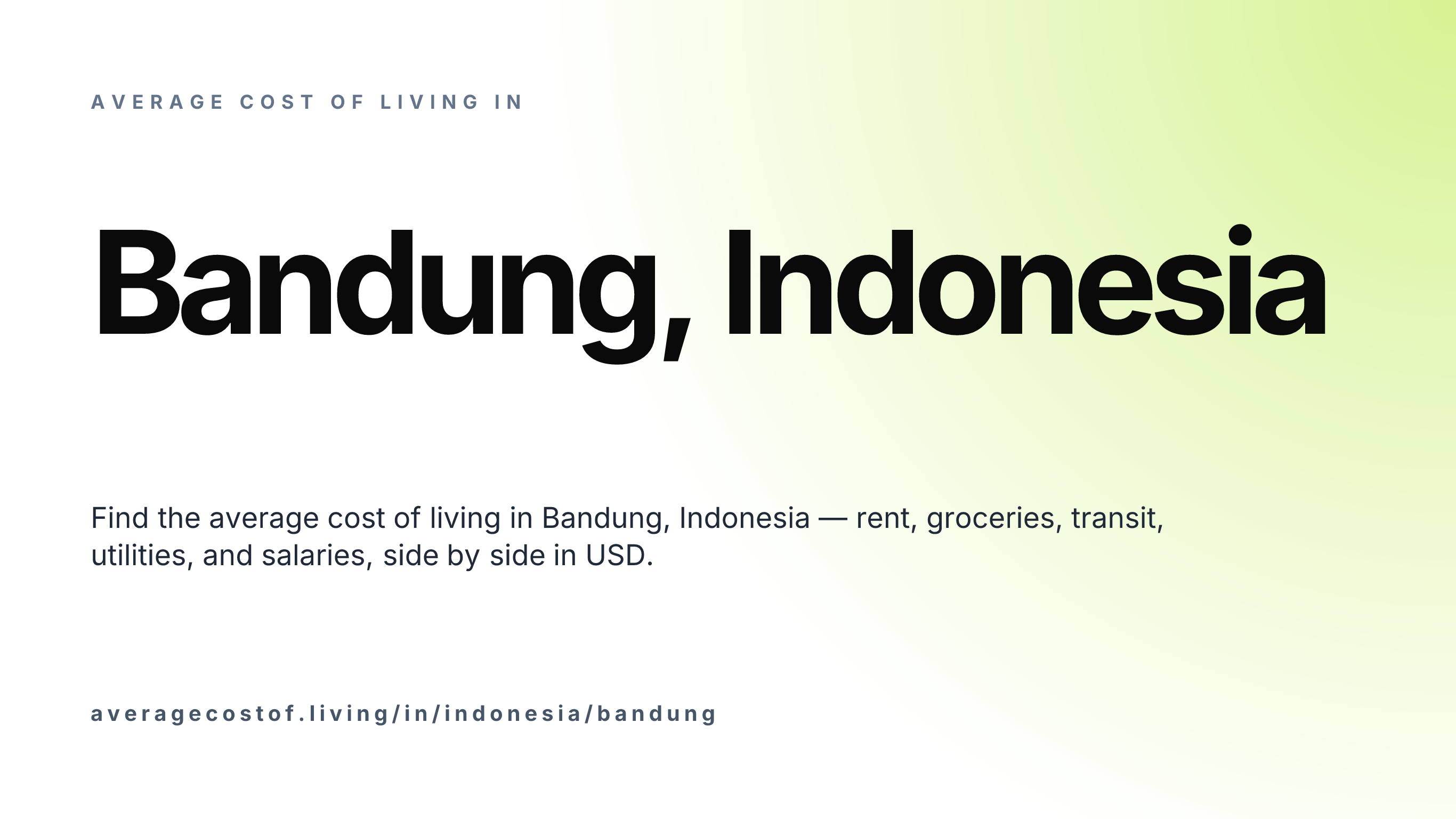 Cost of living in Bandung, Indonesia — monthly rent, food, transport, utilities, and salary breakdown in USD.