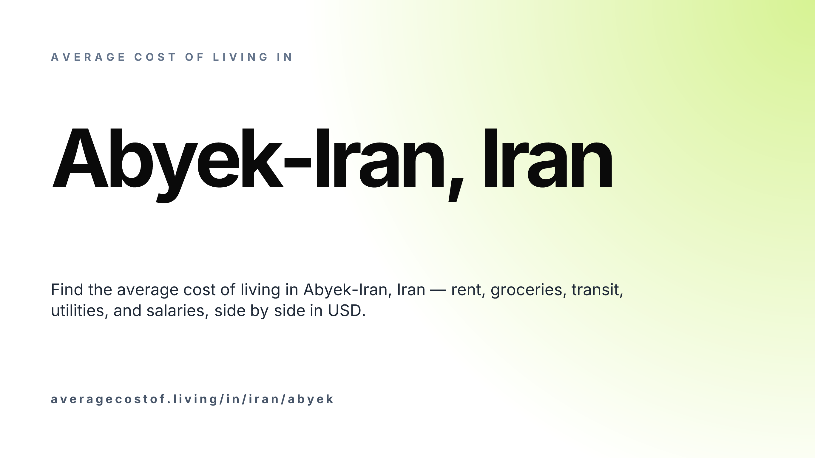 Cost of living in Abyek-Iran, Iran — monthly rent, food, transport, utilities, and salary breakdown in USD.