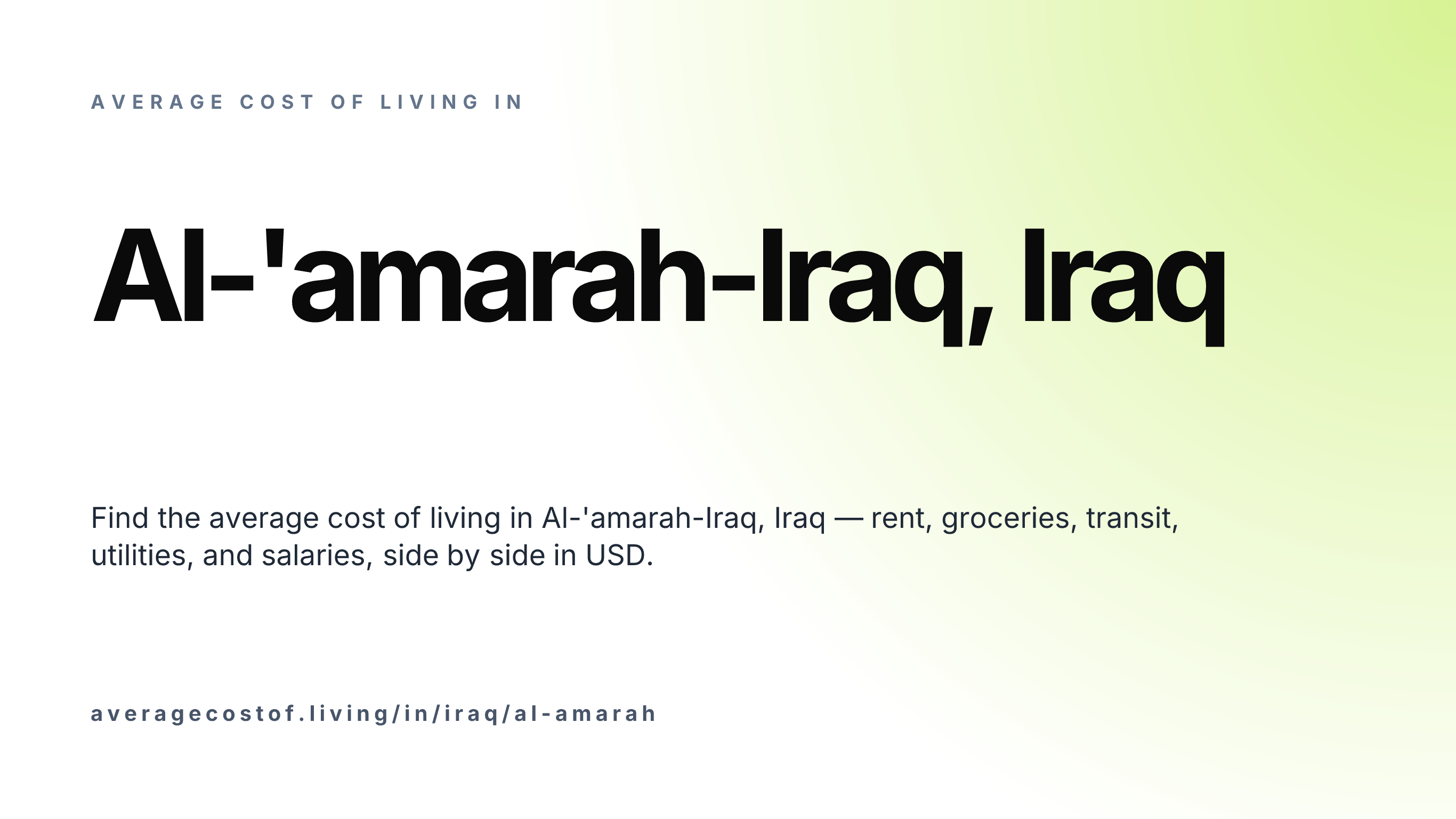 Cost of living in Al-'amarah-Iraq, Iraq — monthly rent, food, transport, utilities, and salary breakdown in USD.
