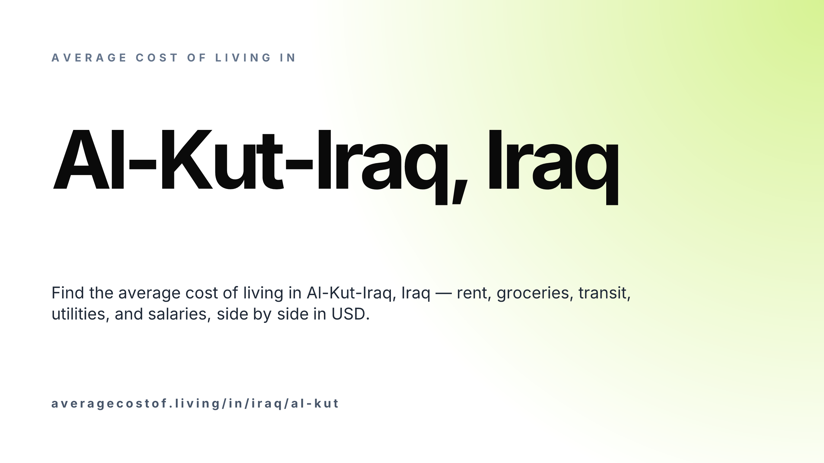 Cost of living in Al-Kut-Iraq, Iraq — monthly rent, food, transport, utilities, and salary breakdown in USD.
