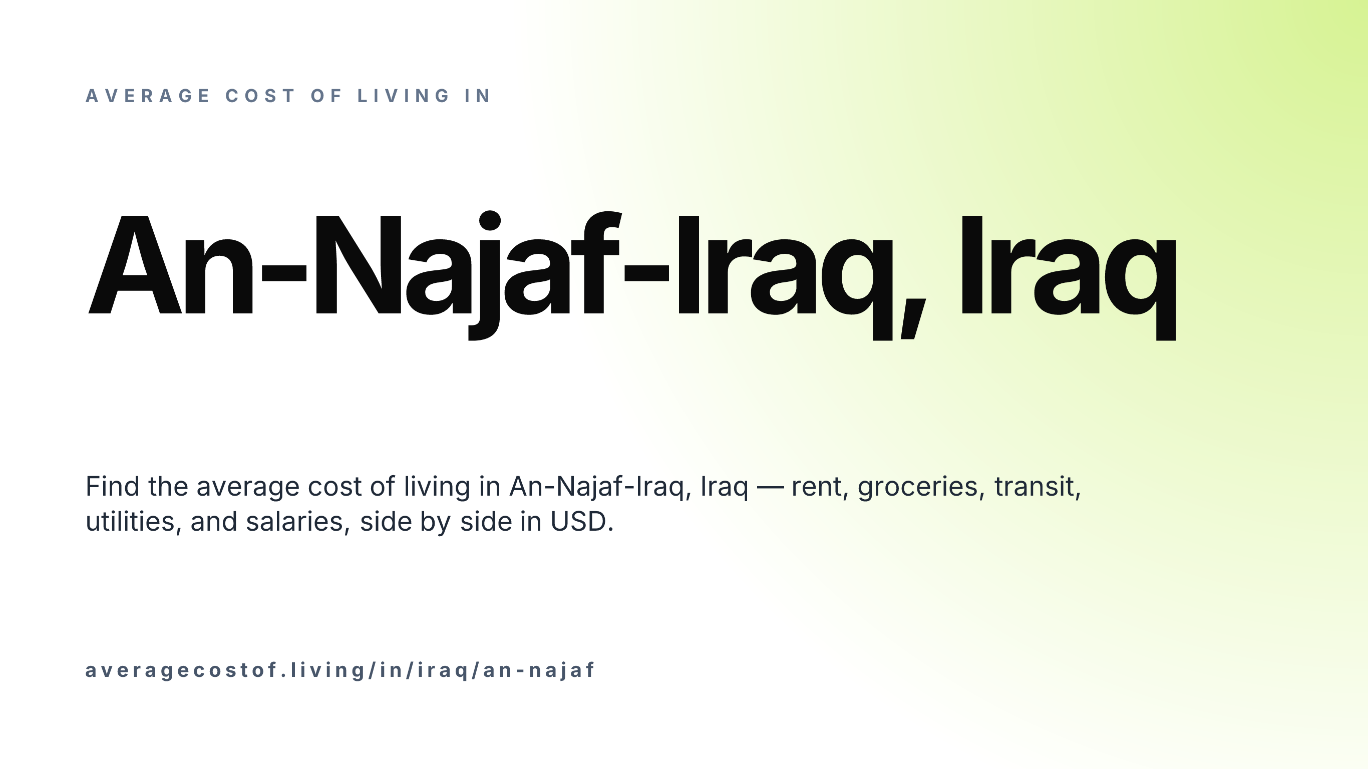 Cost of living in An-Najaf-Iraq, Iraq — monthly rent, food, transport, utilities, and salary breakdown in USD.