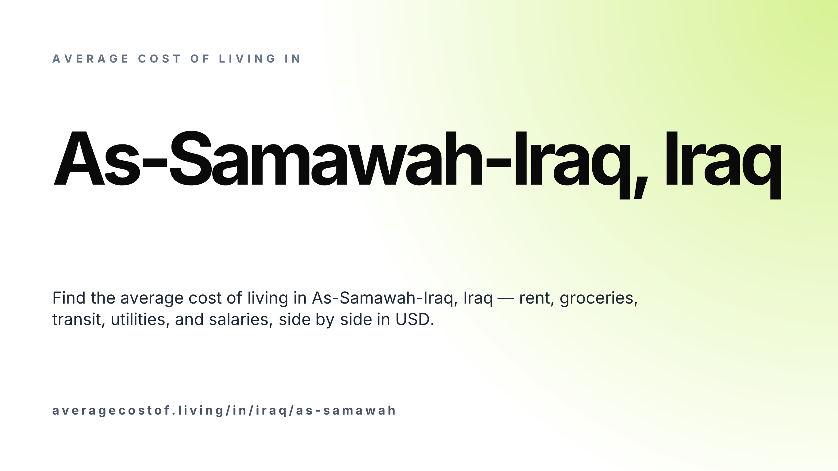 Cost of living in As-Samawah-Iraq, Iraq — monthly rent, food, transport, utilities, and salary breakdown in USD.