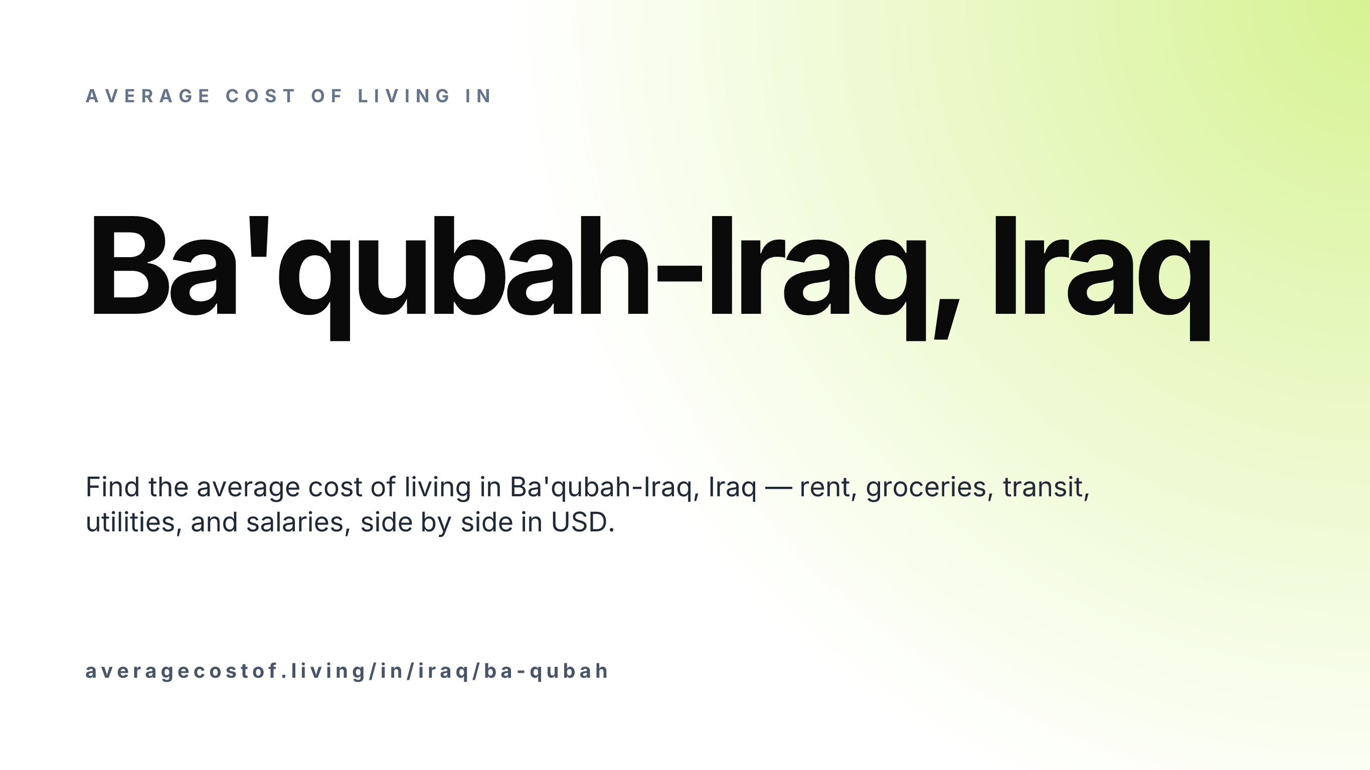 Cost of living in Ba'qubah-Iraq, Iraq — monthly rent, food, transport, utilities, and salary breakdown in USD.