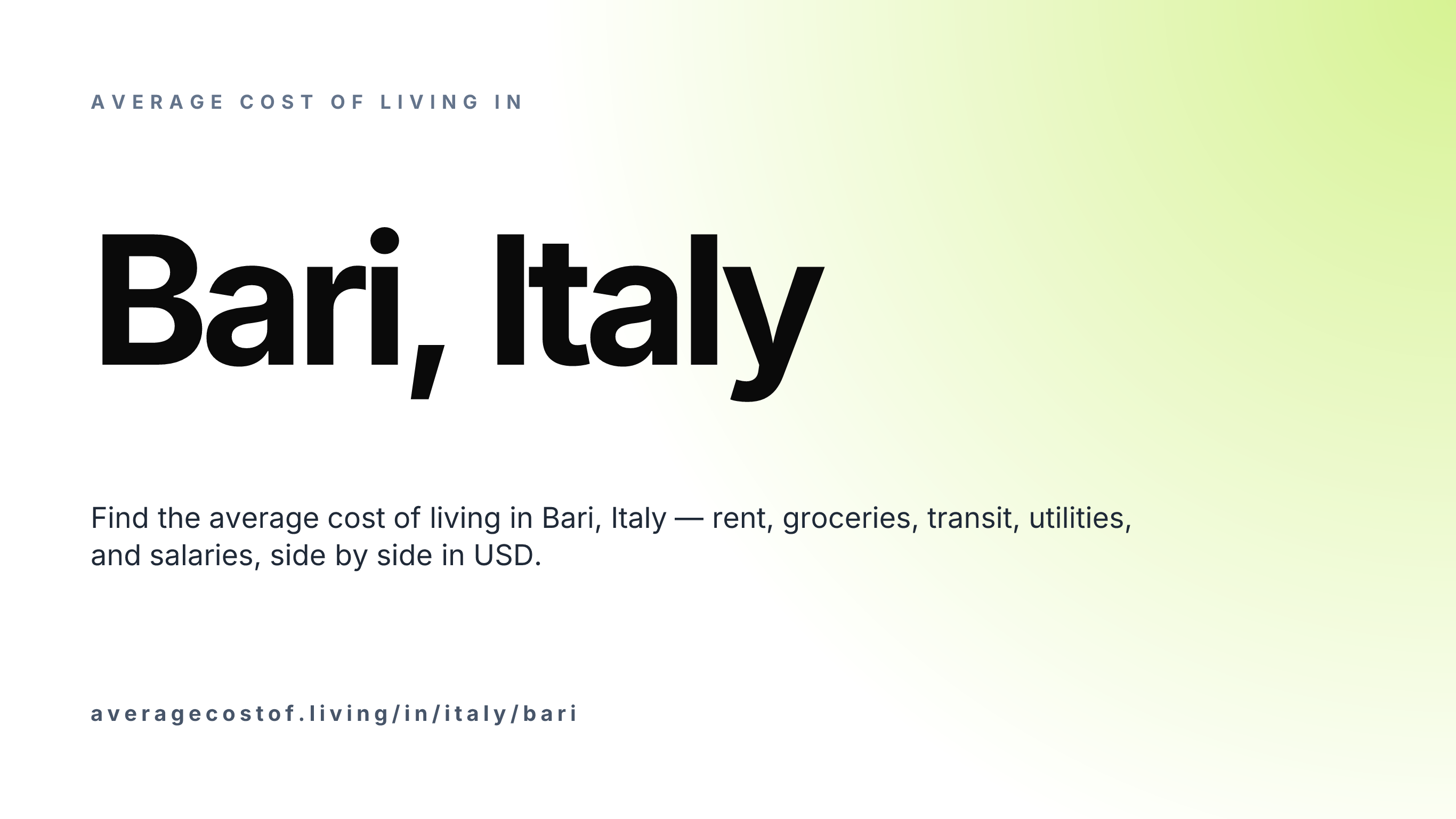 Cost of living in Bari, Italy — monthly rent, food, transport, utilities, and salary breakdown in USD.