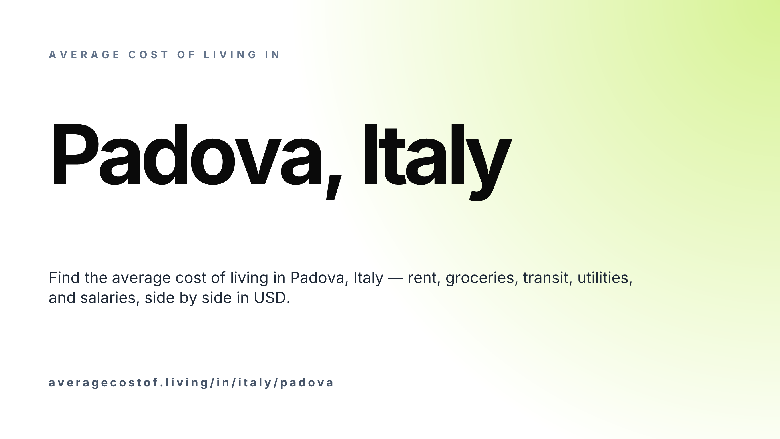 Cost of living in Padova, Italy — monthly rent, food, transport, utilities, and salary breakdown in USD.