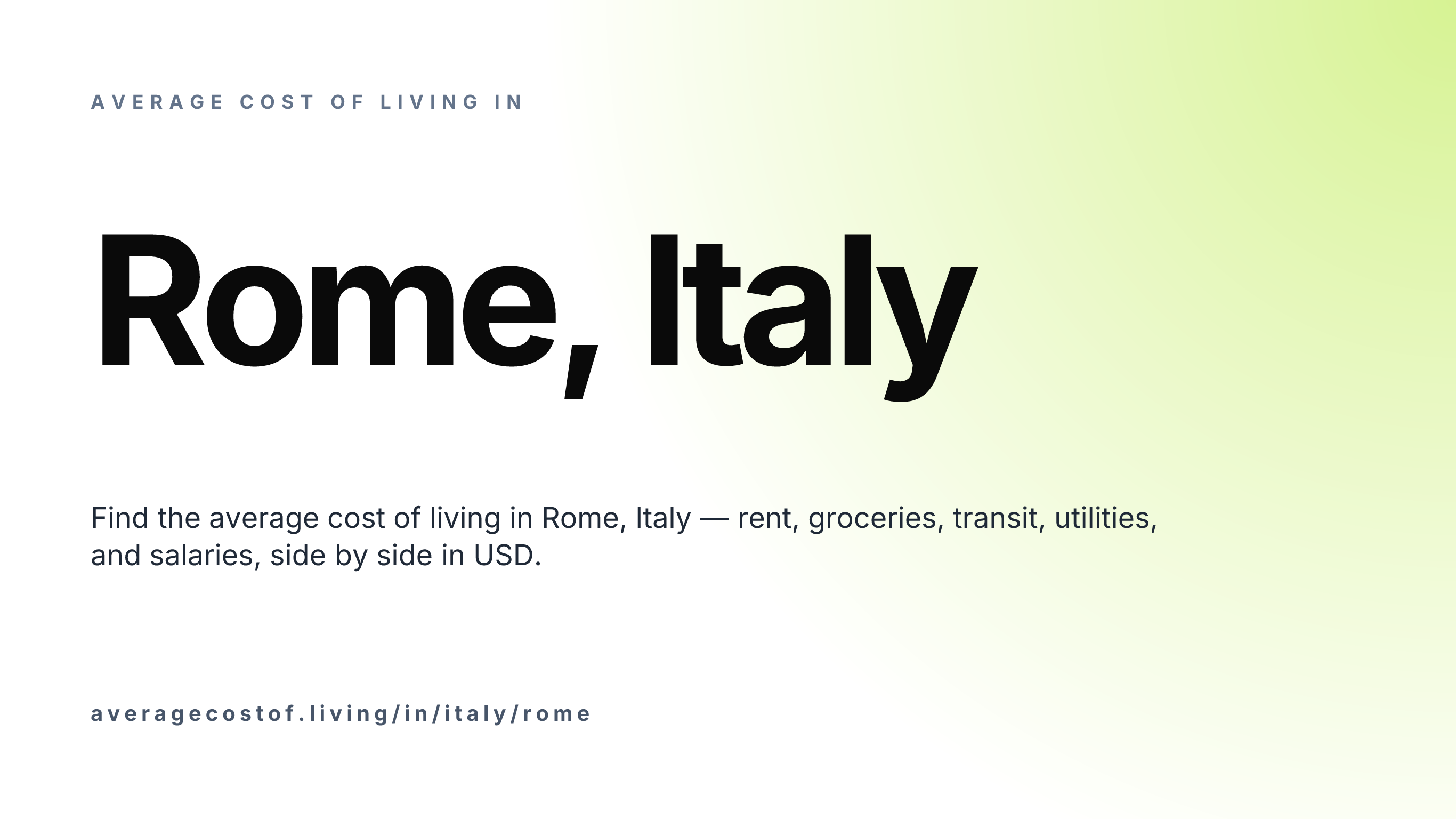 Cost of living in Rome, Italy — monthly rent, food, transport, utilities, and salary breakdown in USD.