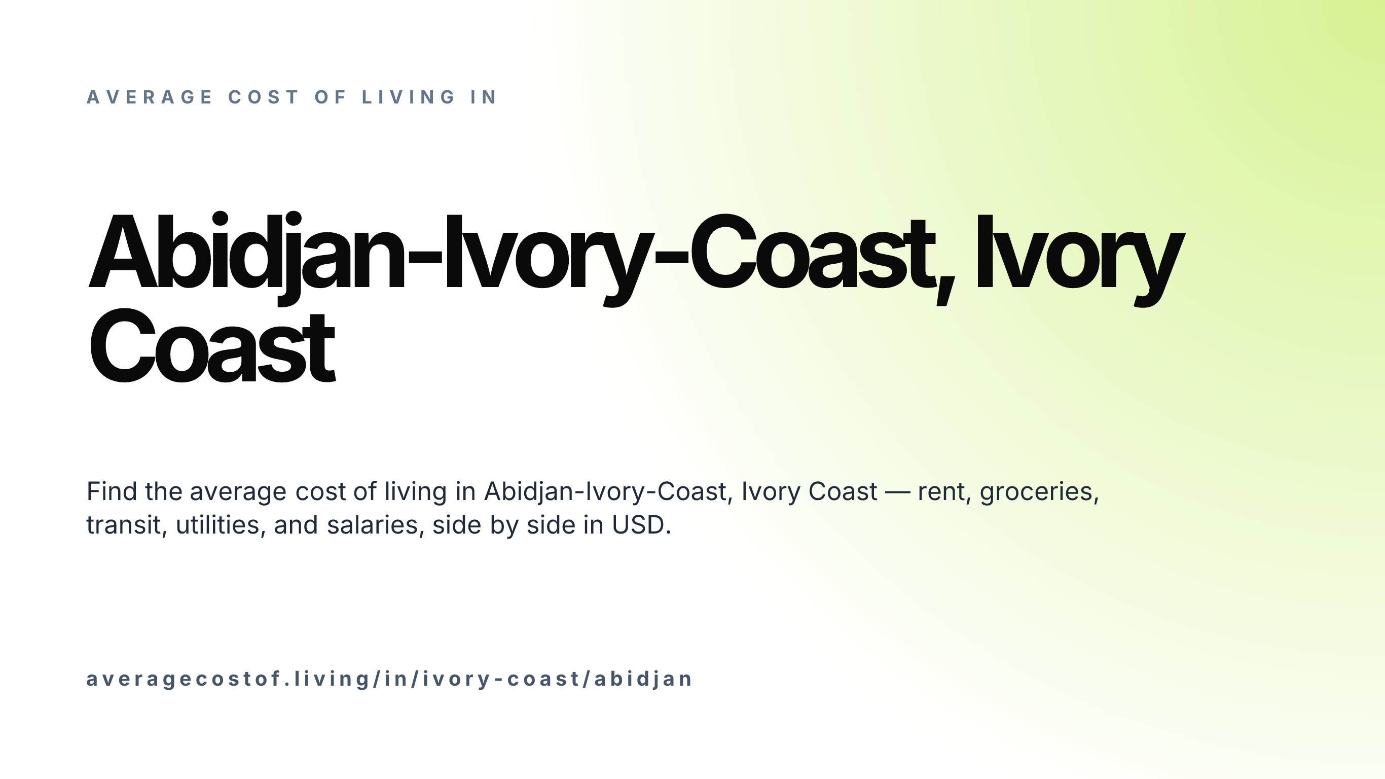 Cost of living in Abidjan-Ivory-Coast, Ivory Coast — monthly rent, food, transport, utilities, and salary breakdown in USD.