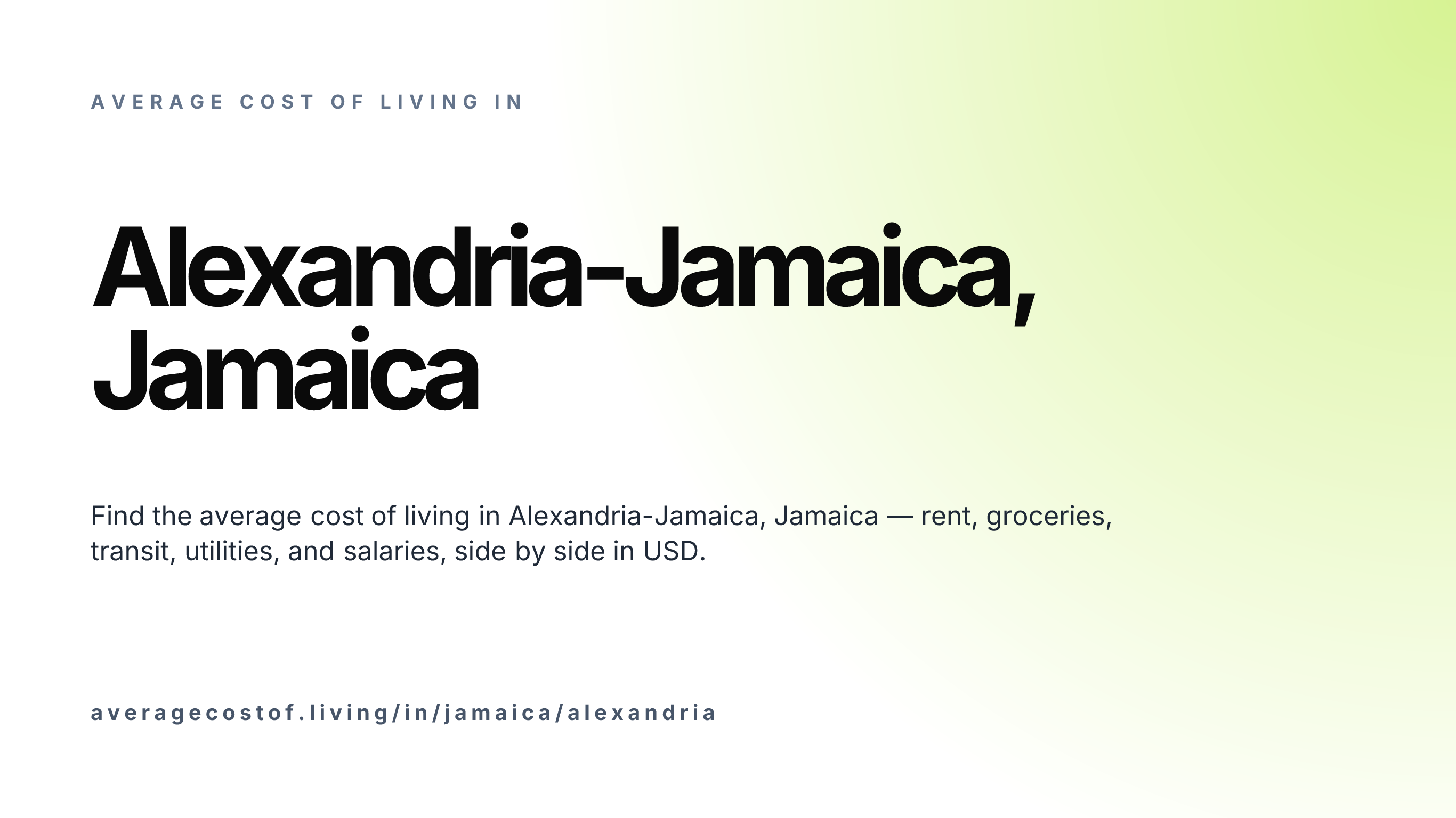 Cost of living in Alexandria-Jamaica, Jamaica — monthly rent, food, transport, utilities, and salary breakdown in USD.
