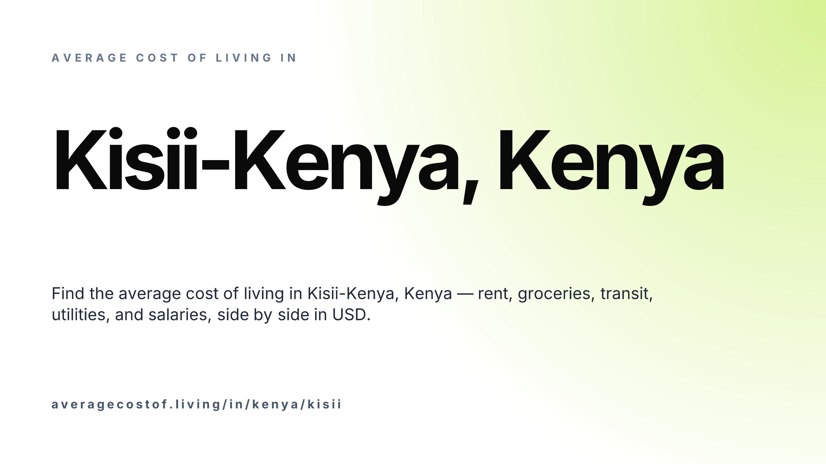 Cost of living in Kisii-Kenya, Kenya — monthly rent, food, transport, utilities, and salary breakdown in USD.