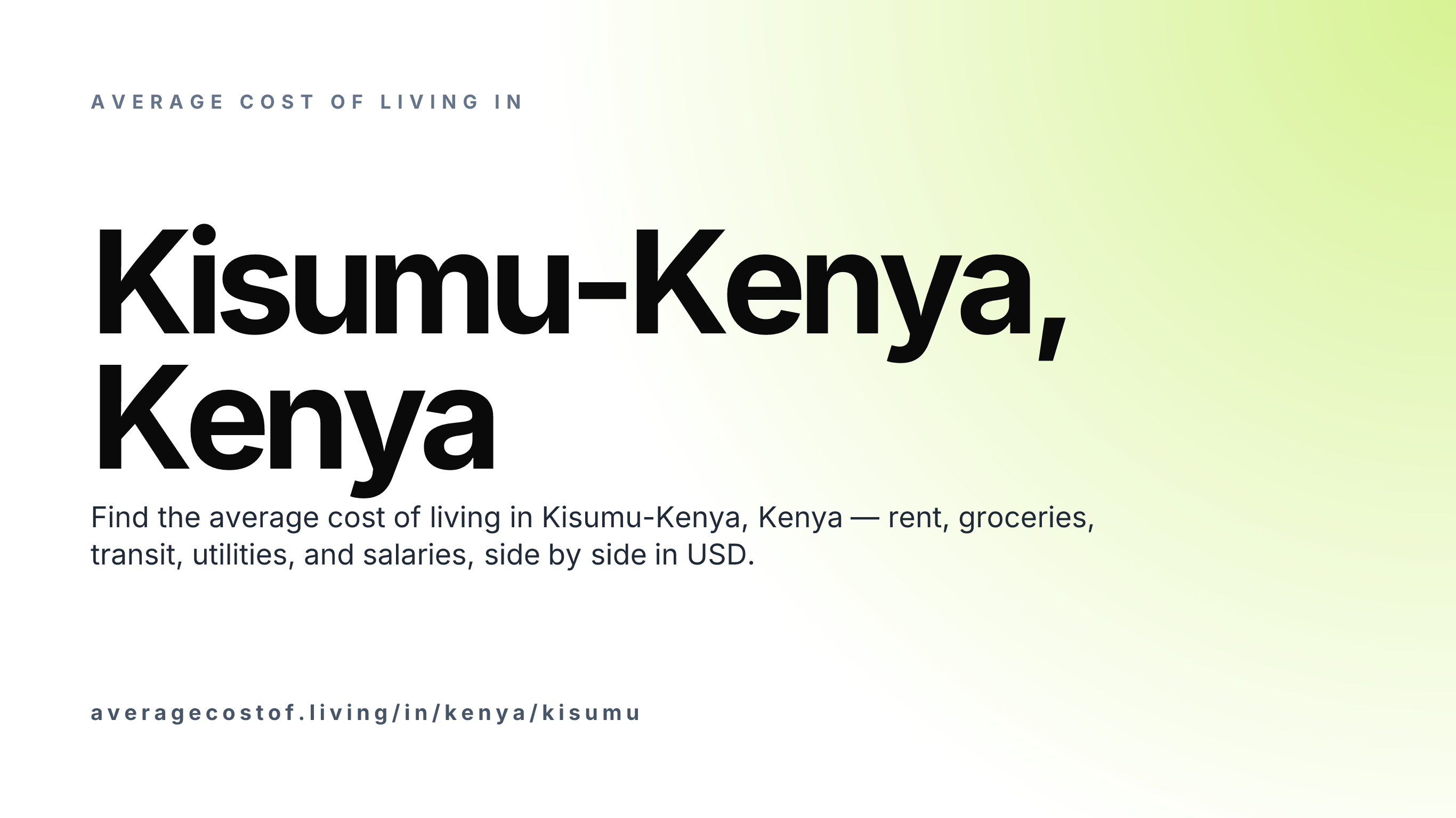 Cost of living in Kisumu-Kenya, Kenya — monthly rent, food, transport, utilities, and salary breakdown in USD.