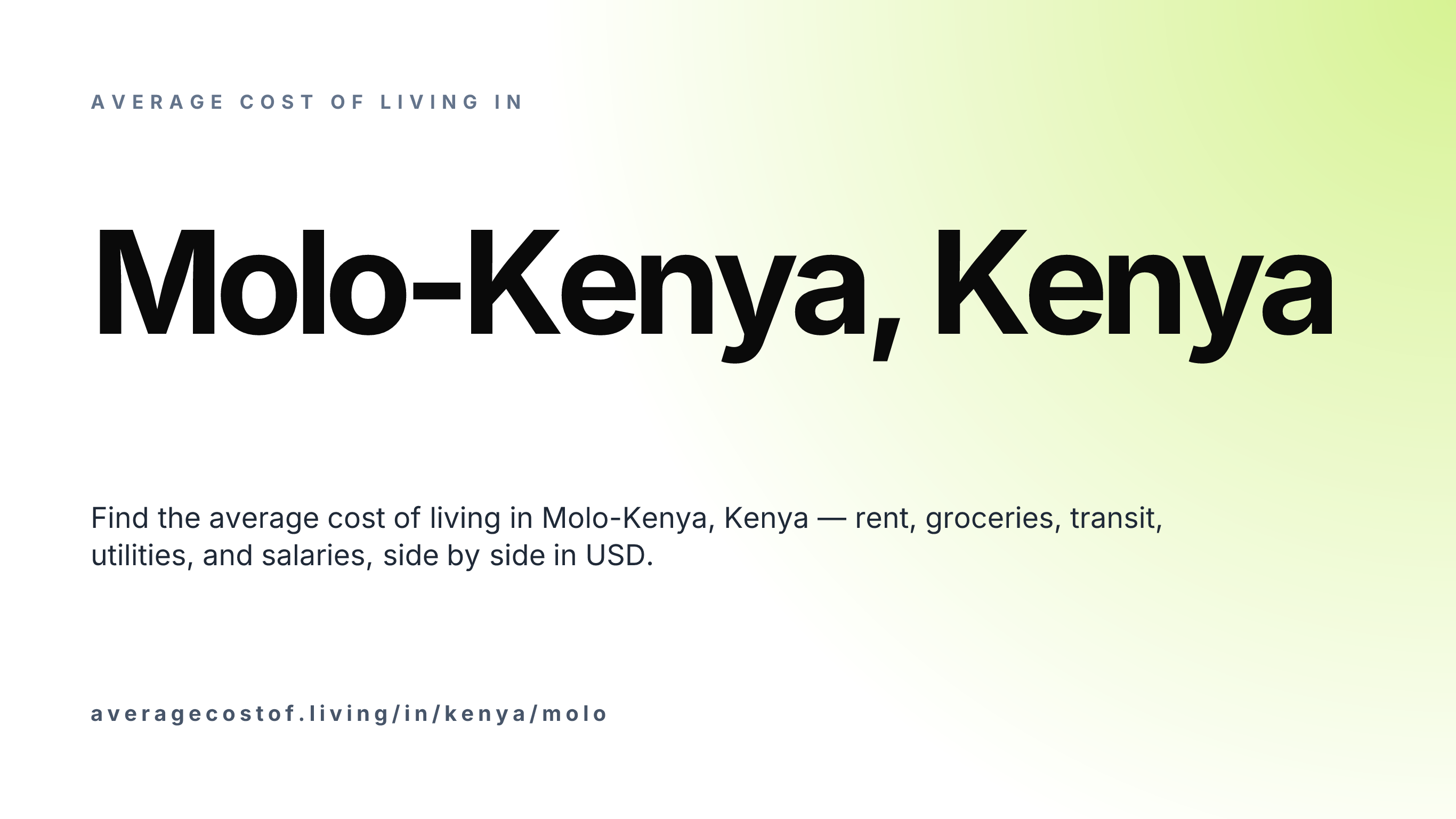Cost of living in Molo-Kenya, Kenya — monthly rent, food, transport, utilities, and salary breakdown in USD.