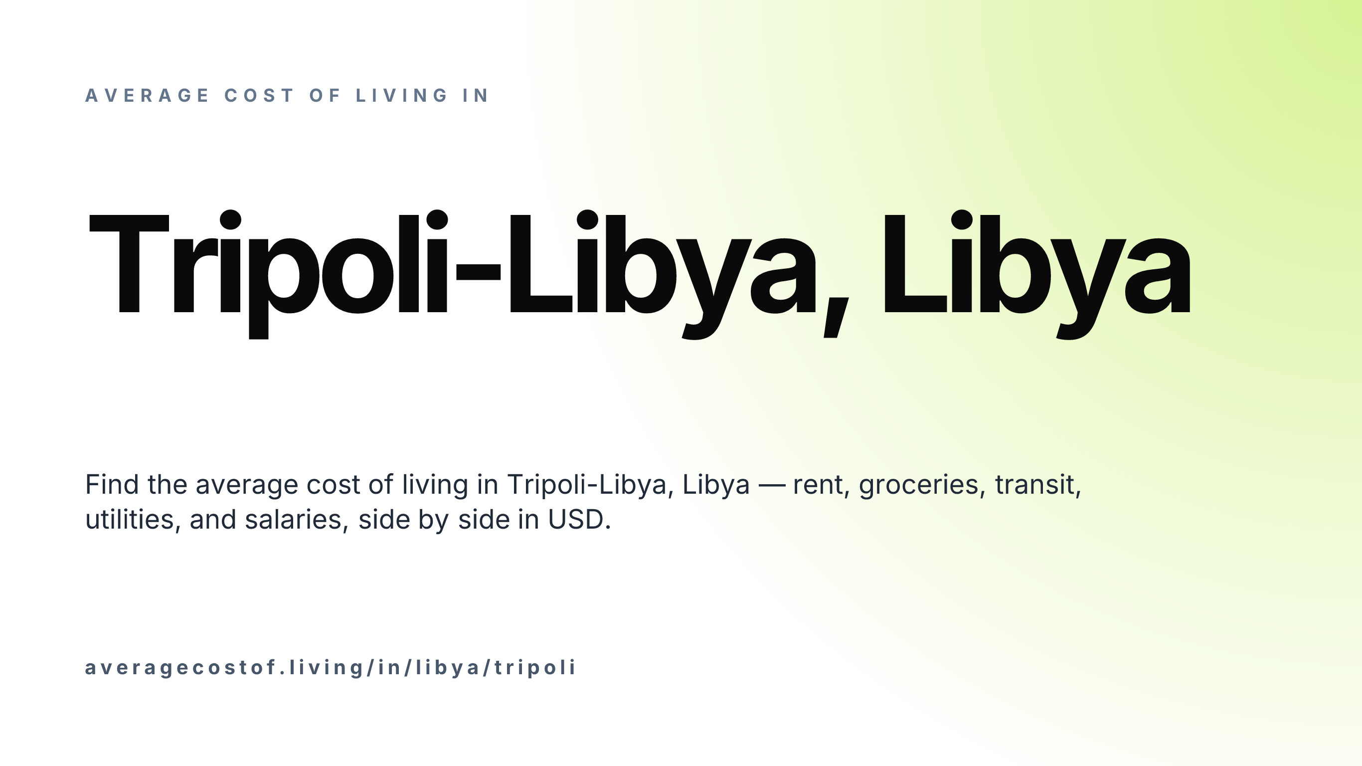 Cost of living in Tripoli-Libya, Libya — monthly rent, food, transport, utilities, and salary breakdown in USD.