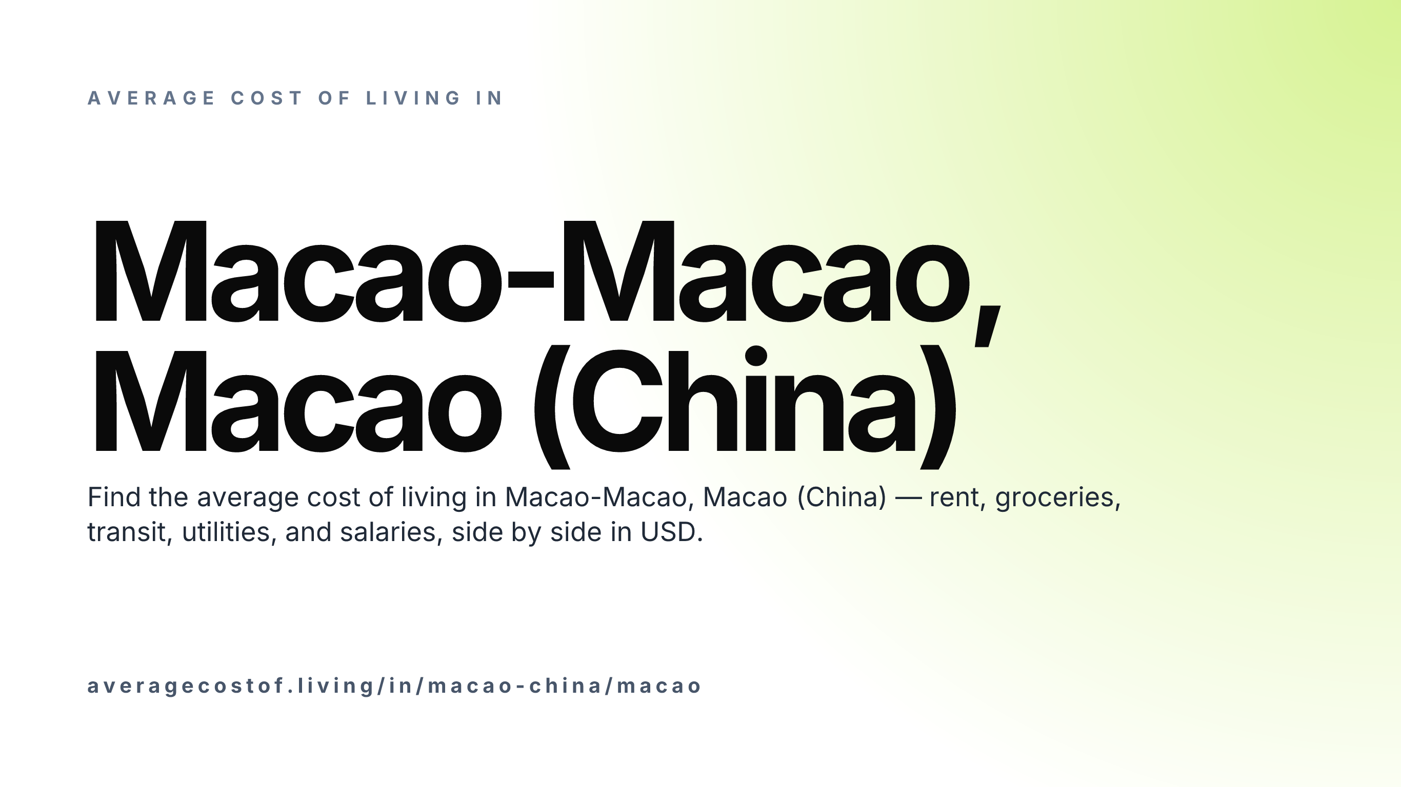 Cost of living in Macao-Macao, Macao (China) — monthly rent, food, transport, utilities, and salary breakdown in USD.