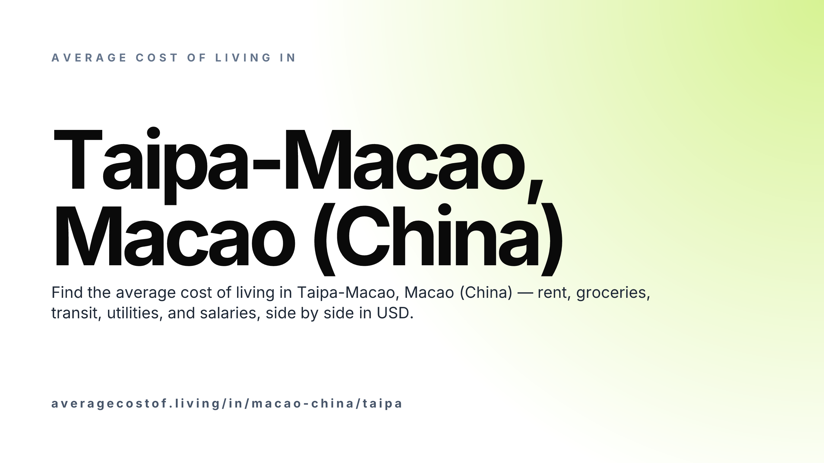 Cost of living in Taipa-Macao, Macao (China) — monthly rent, food, transport, utilities, and salary breakdown in USD.