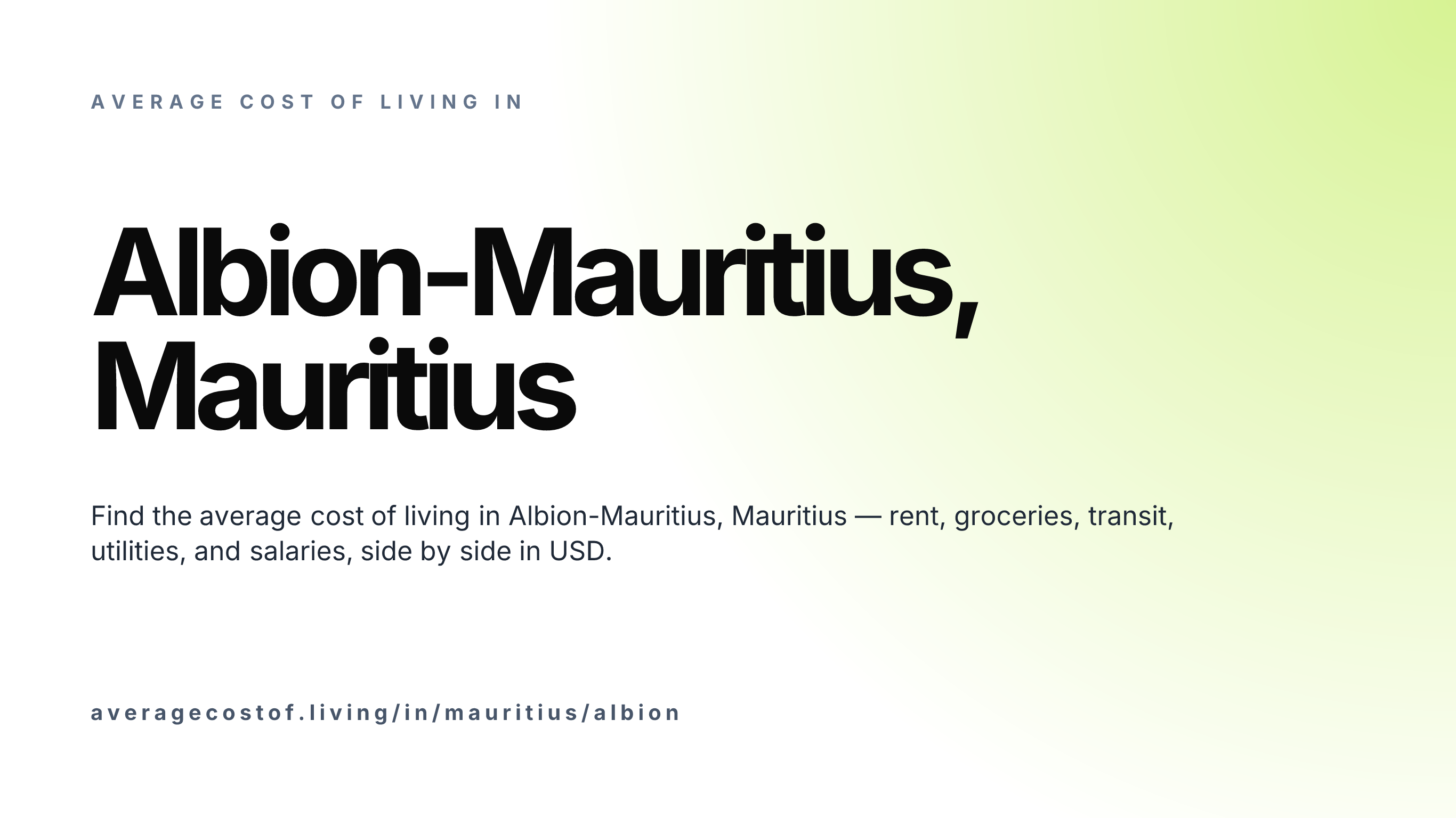 Cost of living in Albion-Mauritius, Mauritius — monthly rent, food, transport, utilities, and salary breakdown in USD.