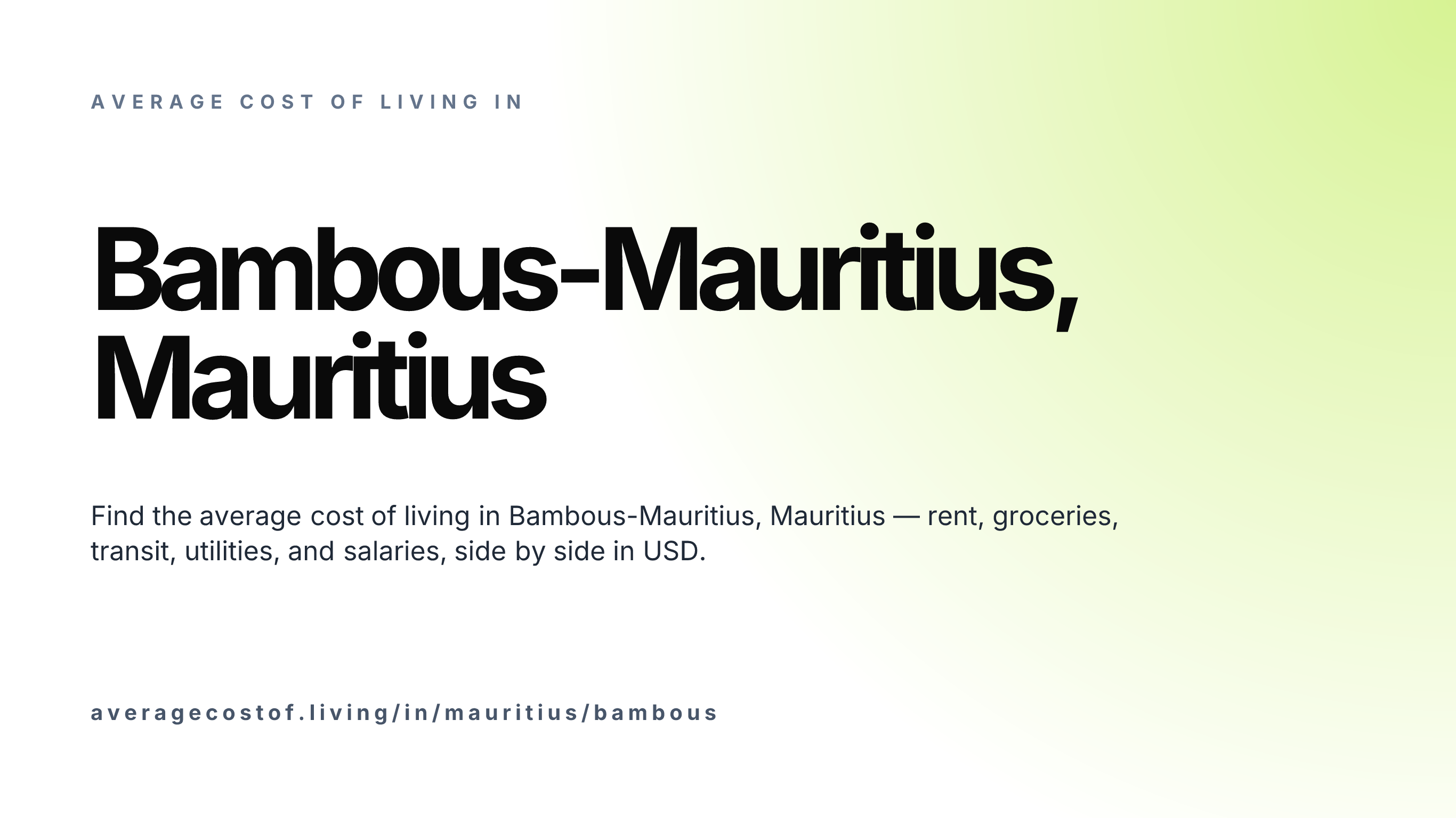 Cost of living in Bambous-Mauritius, Mauritius — monthly rent, food, transport, utilities, and salary breakdown in USD.