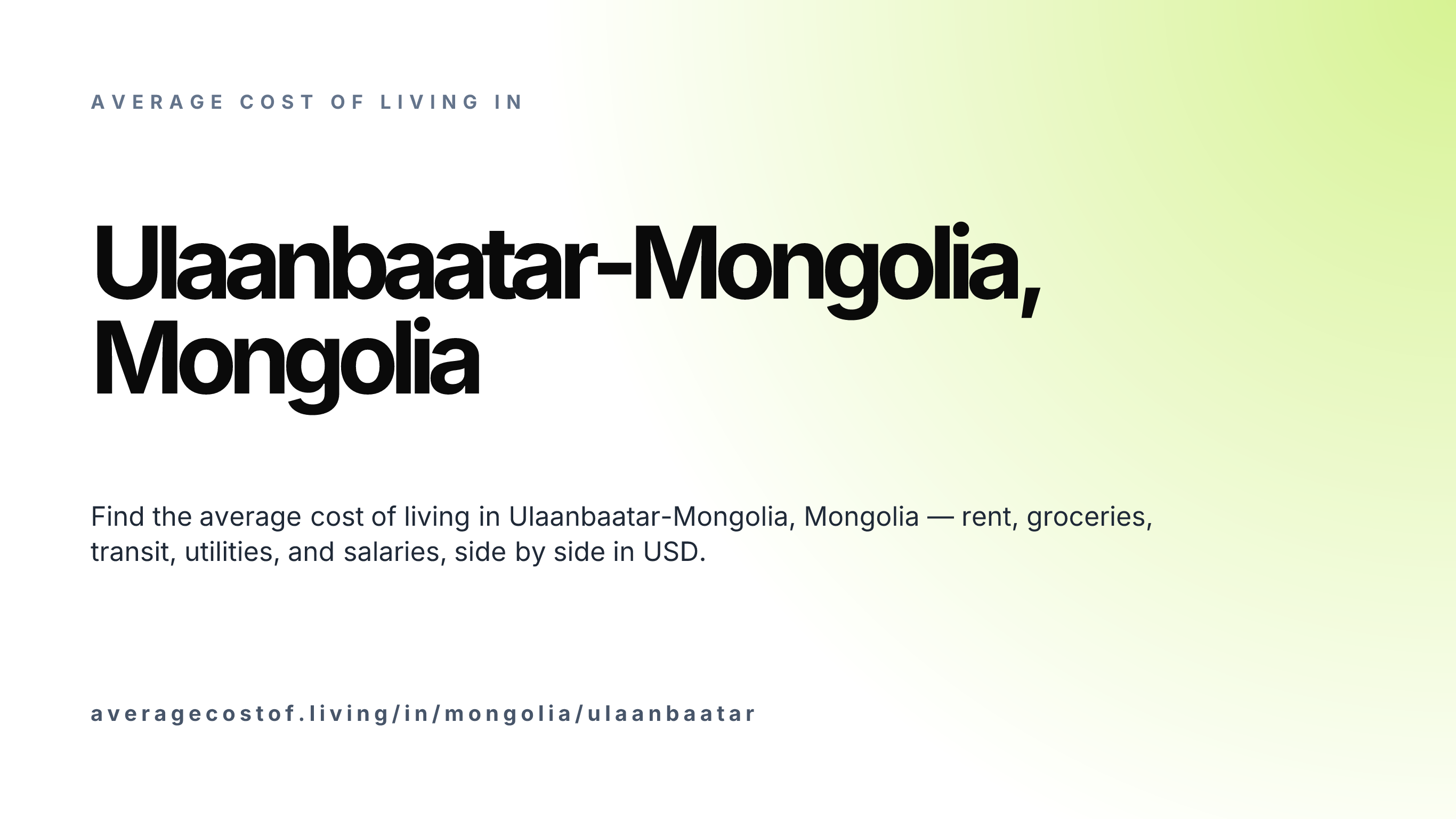 Cost of living in Ulaanbaatar-Mongolia, Mongolia — monthly rent, food, transport, utilities, and salary breakdown in USD.