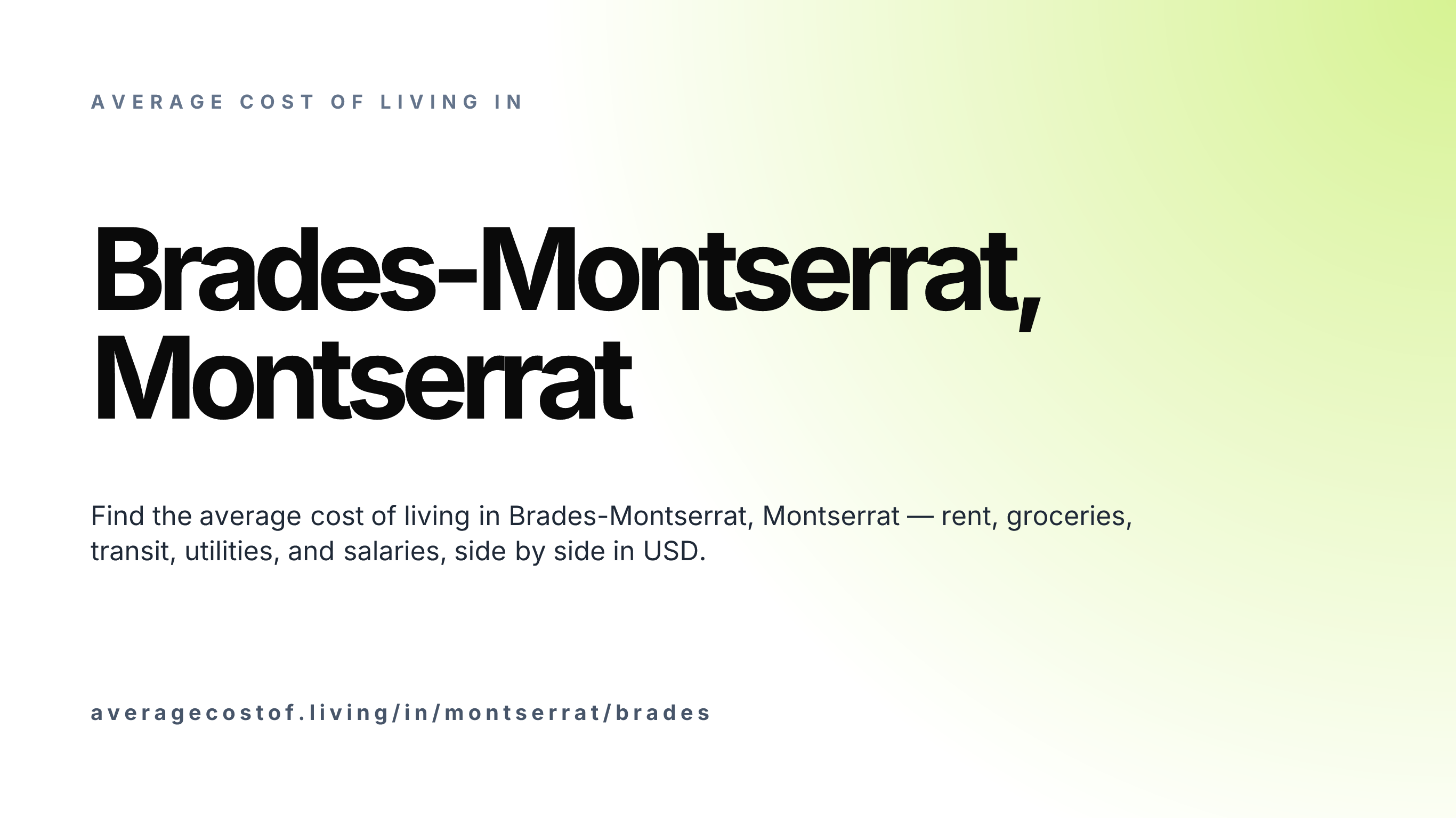 Cost of living in Brades-Montserrat, Montserrat — monthly rent, food, transport, utilities, and salary breakdown in USD.