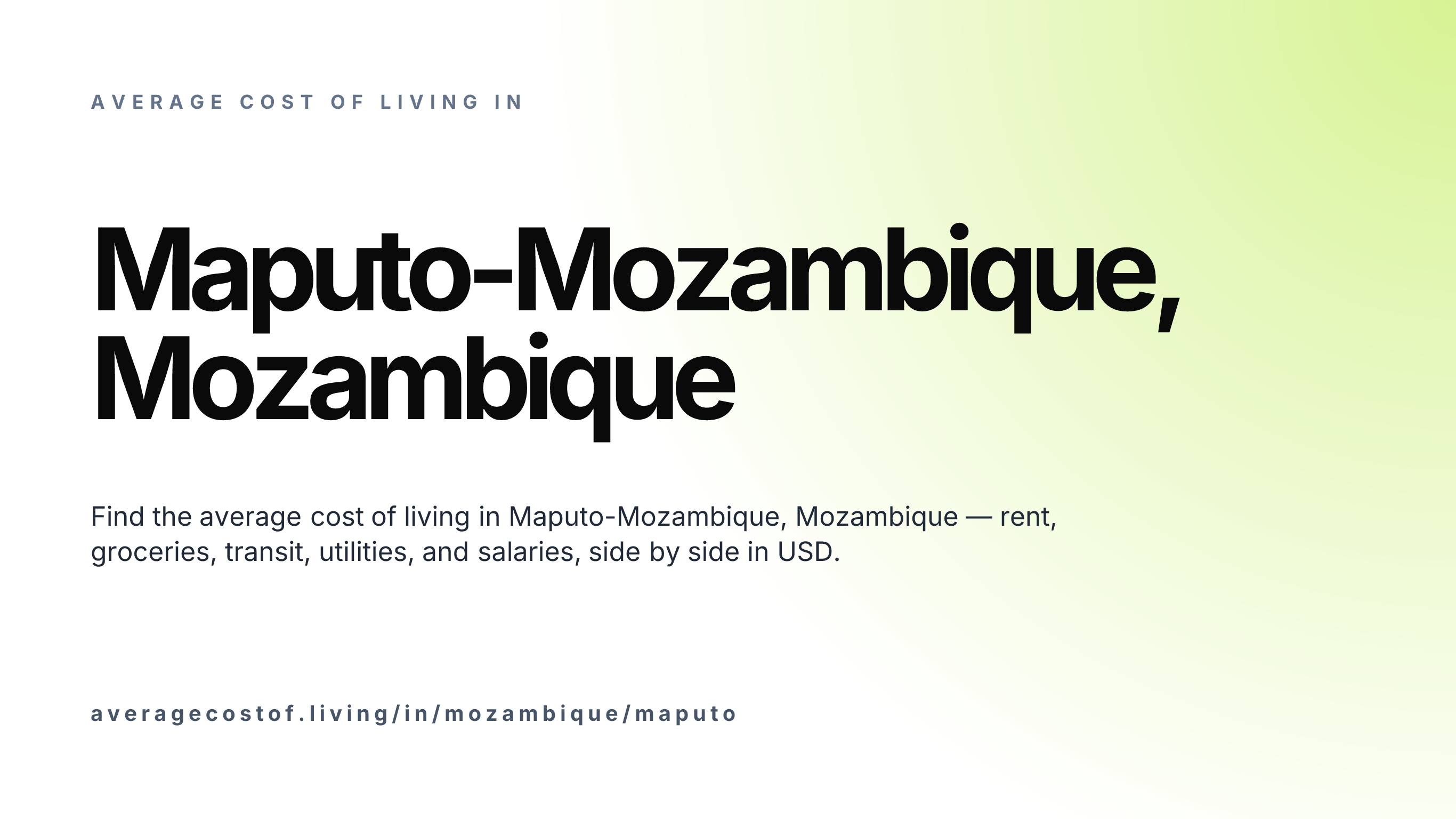 Cost of living in Maputo-Mozambique, Mozambique — monthly rent, food, transport, utilities, and salary breakdown in USD.
