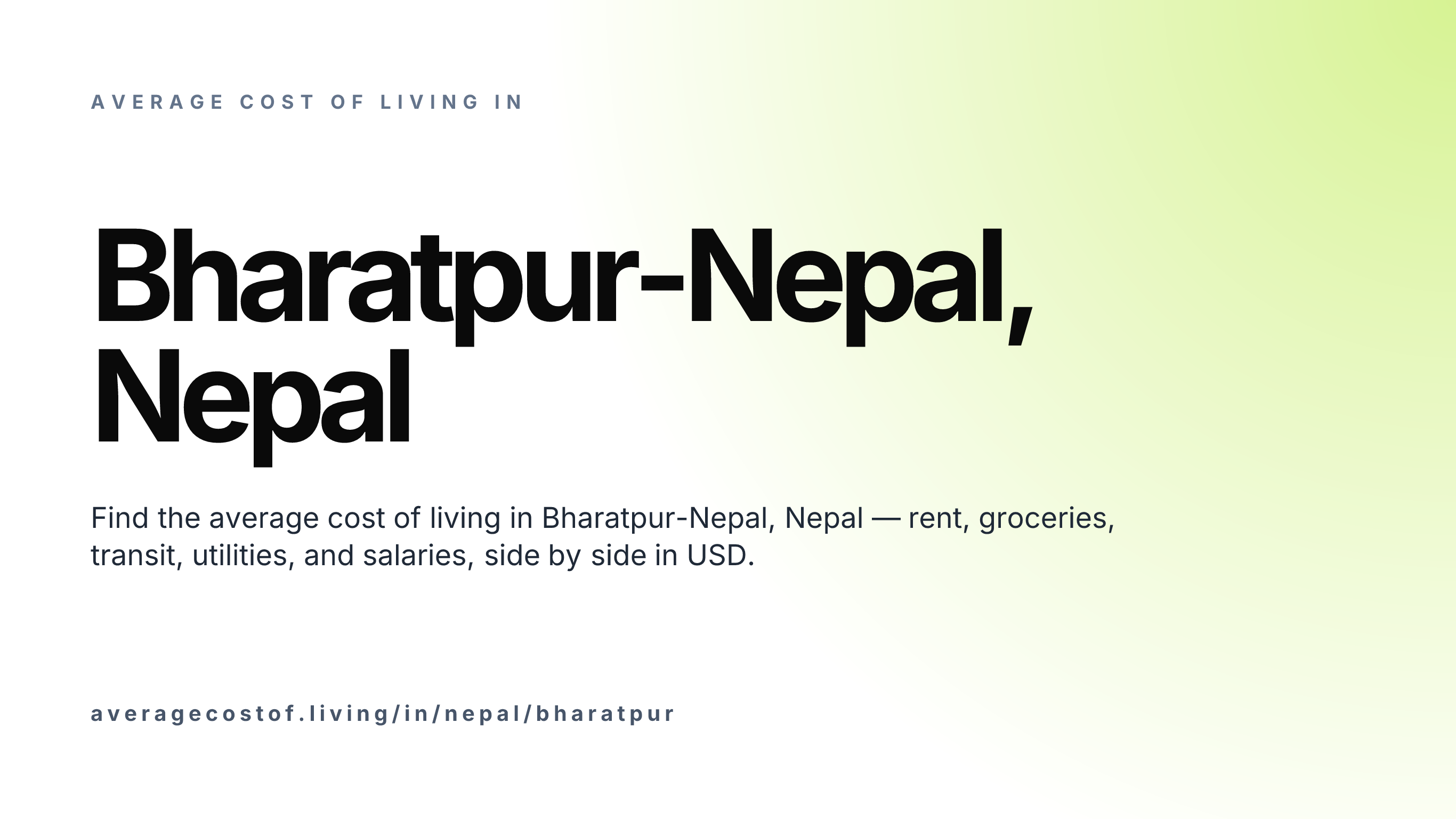 Cost of living in Bharatpur-Nepal, Nepal — monthly rent, food, transport, utilities, and salary breakdown in USD.