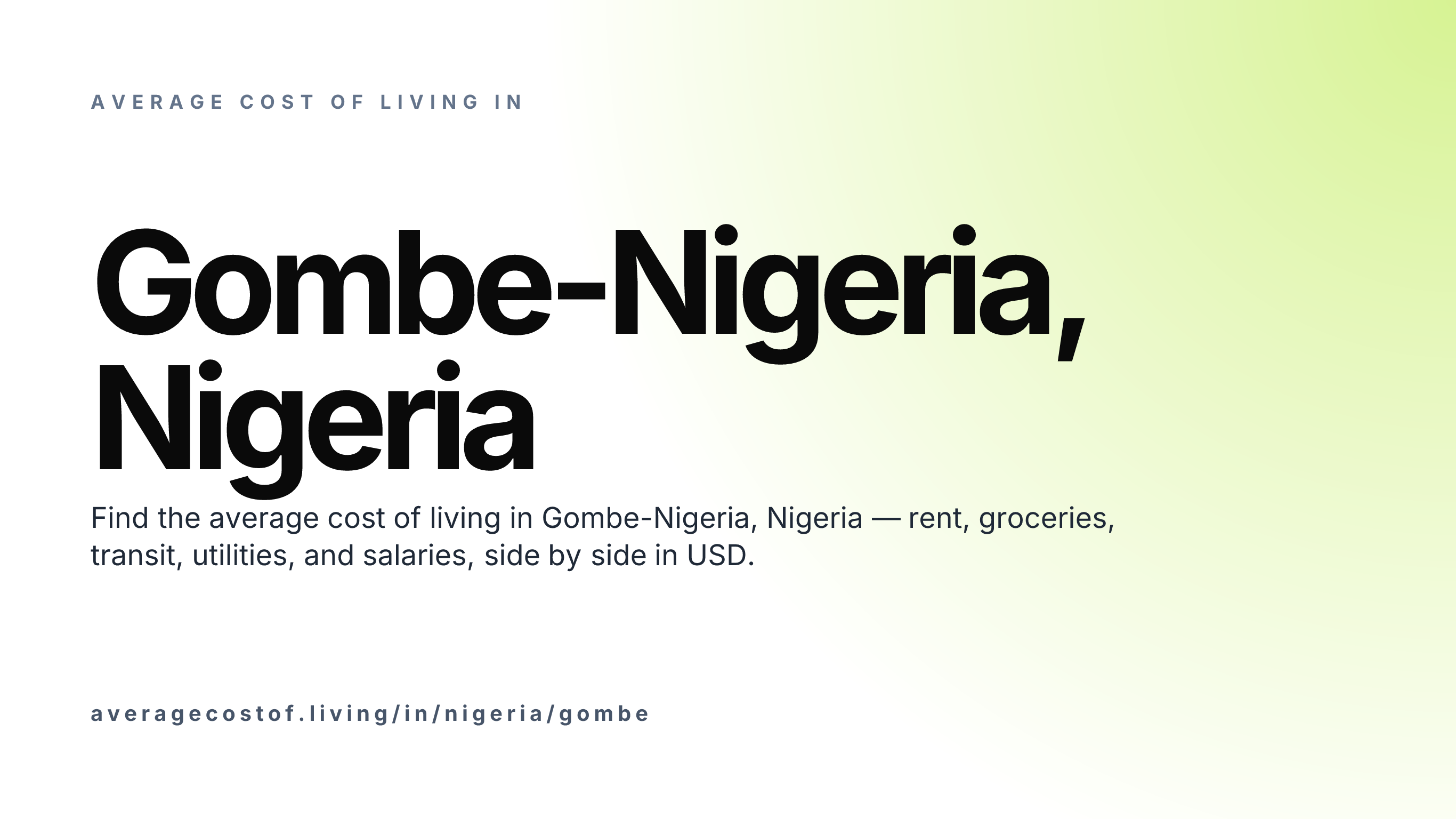 Cost of living in Gombe-Nigeria, Nigeria — monthly rent, food, transport, utilities, and salary breakdown in USD.