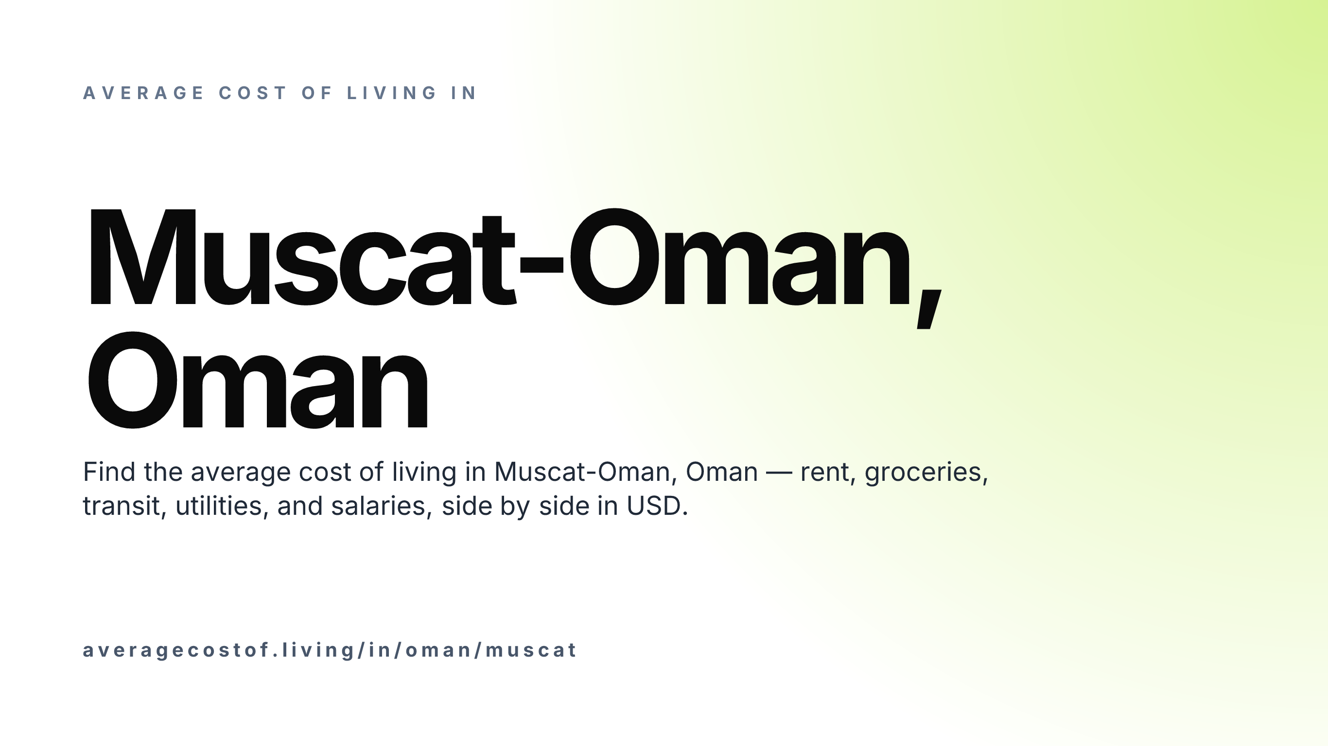 Cost of living in Muscat-Oman, Oman — monthly rent, food, transport, utilities, and salary breakdown in USD.